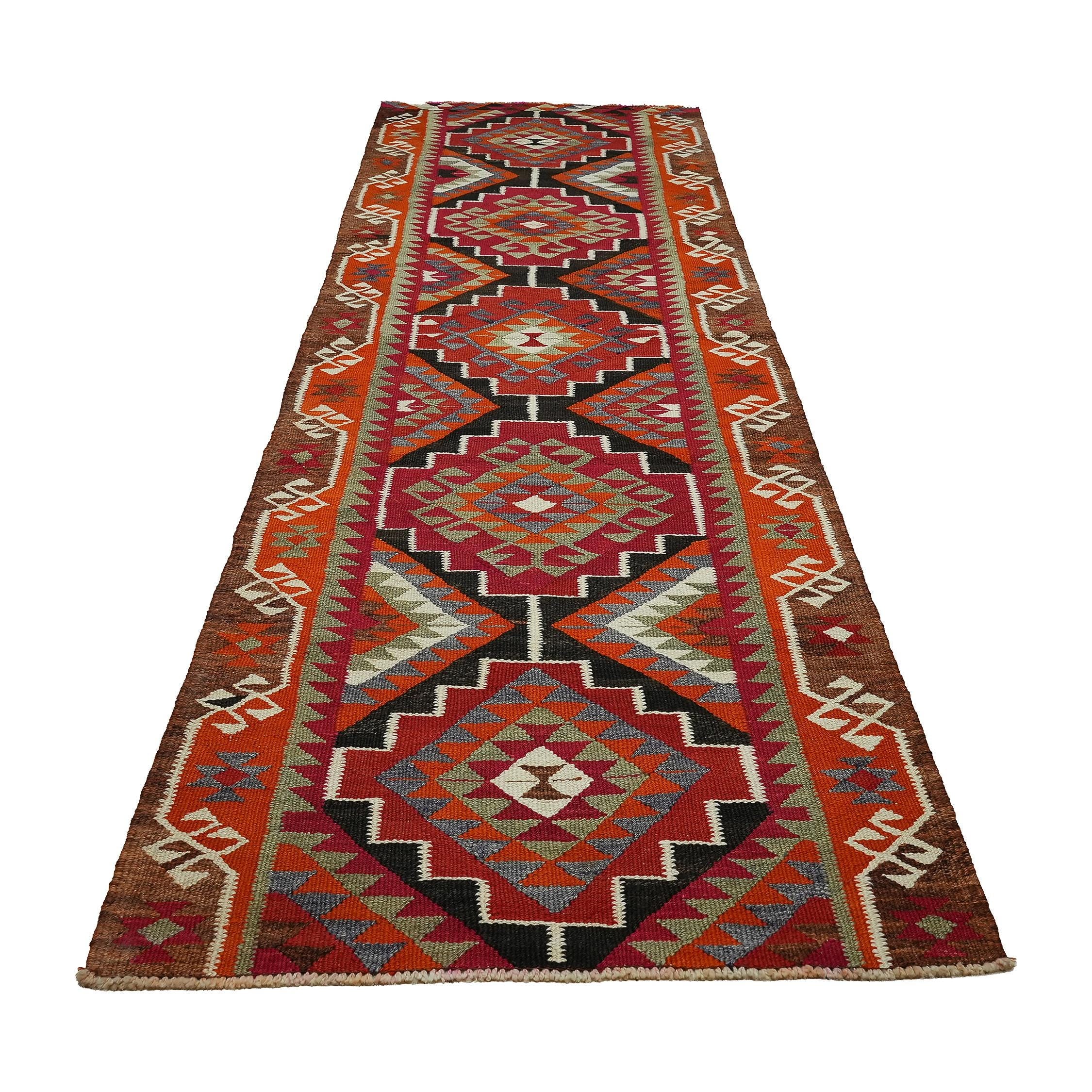 3x11 Handwoven Vintage Turkish Wool Kilim - Antique Oushak Design - Tribal Runner Carpet.