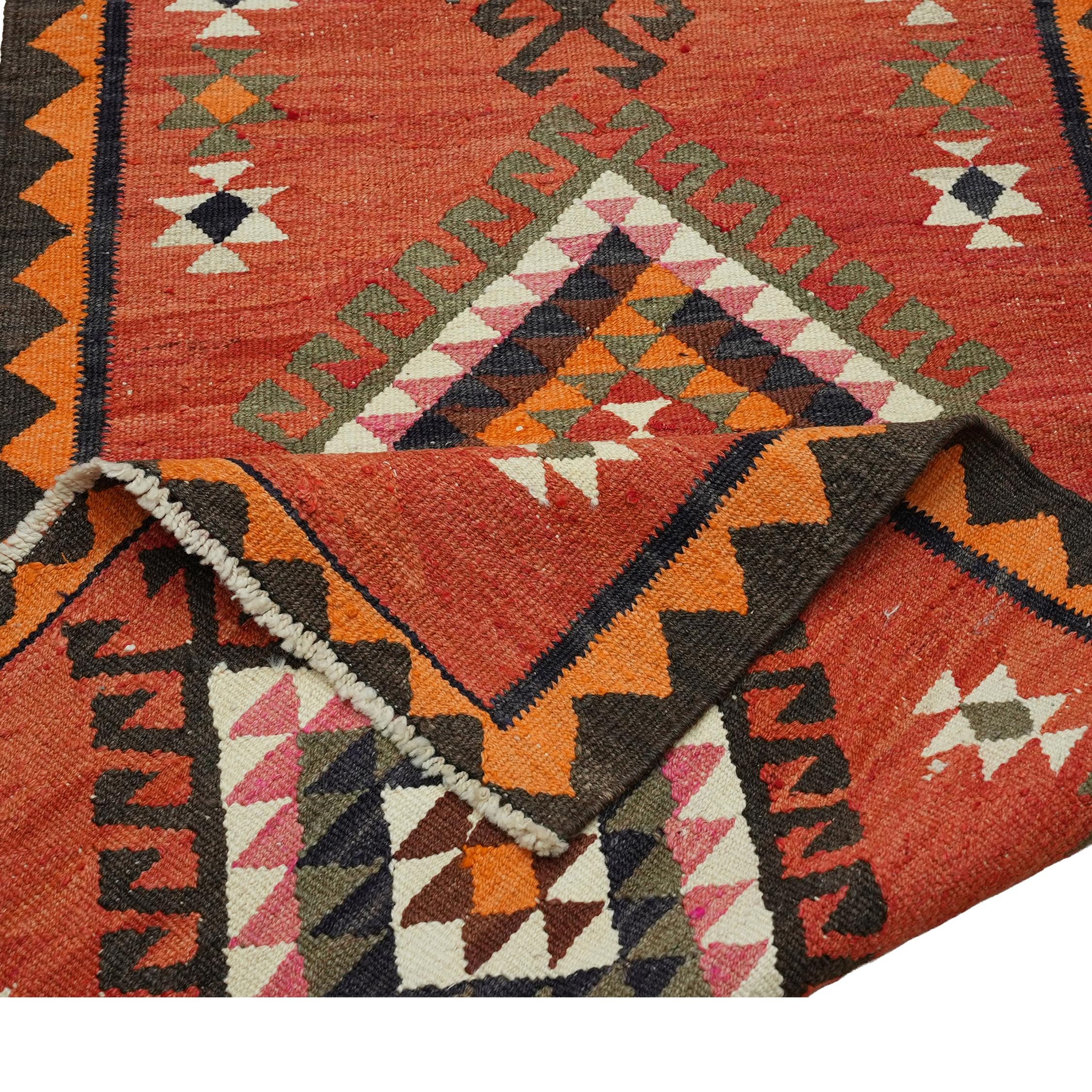 3x10 Rust Red Vintage Turkish Kilim Runner Rug - Handwoven Wool Geometric Tribal Hallway Rug