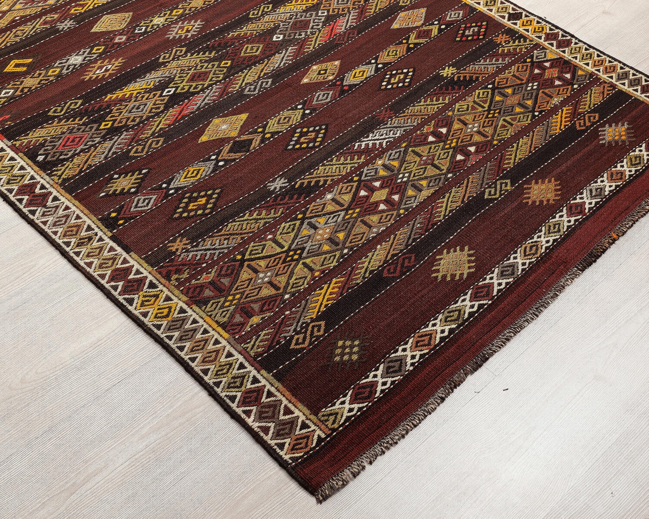 4 x 13 Handwoven Brown Wool Kilim Runner Rug.