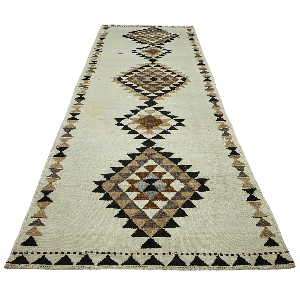 4x11 Handwoven Vintage Turkish Wool Kilim - Antique Oushak Design - Tribal Runner Carpet.