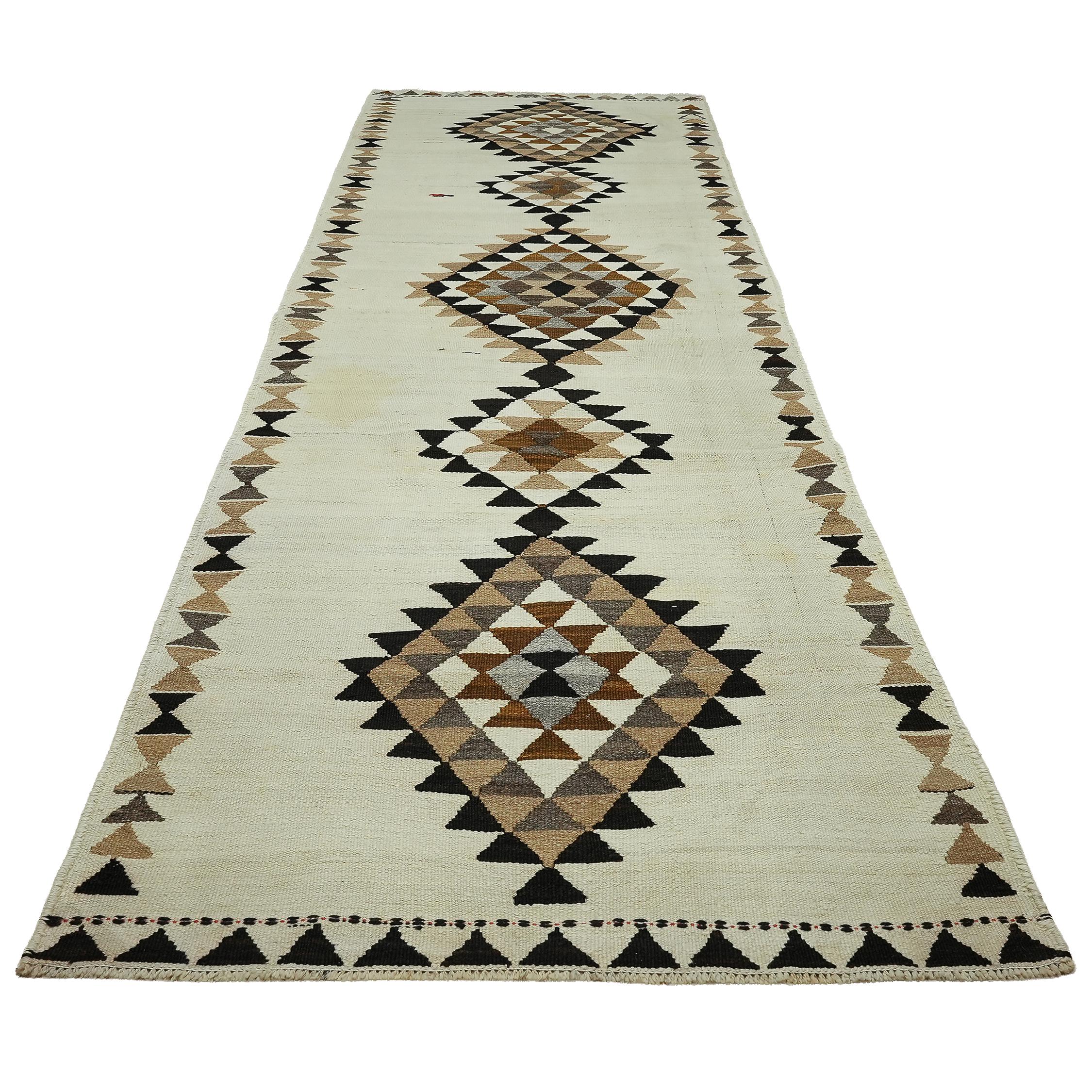 4x11 Handwoven Vintage Turkish Wool Kilim - Antique Oushak Design - Tribal Runner Carpet.