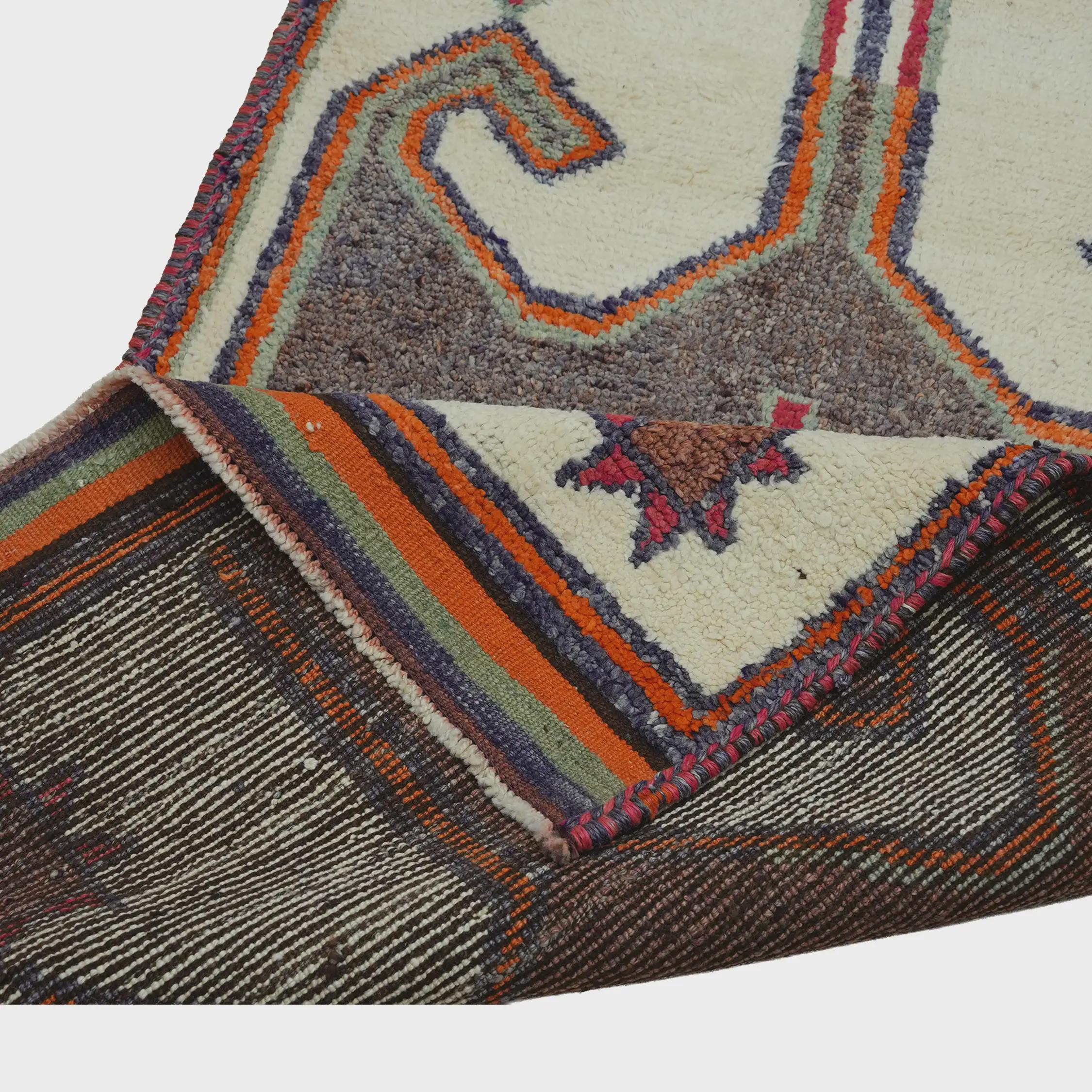 3x11 Handmade Turkish Wool Runner Rug - Cream Blue Orange Vintage Hallway Rug