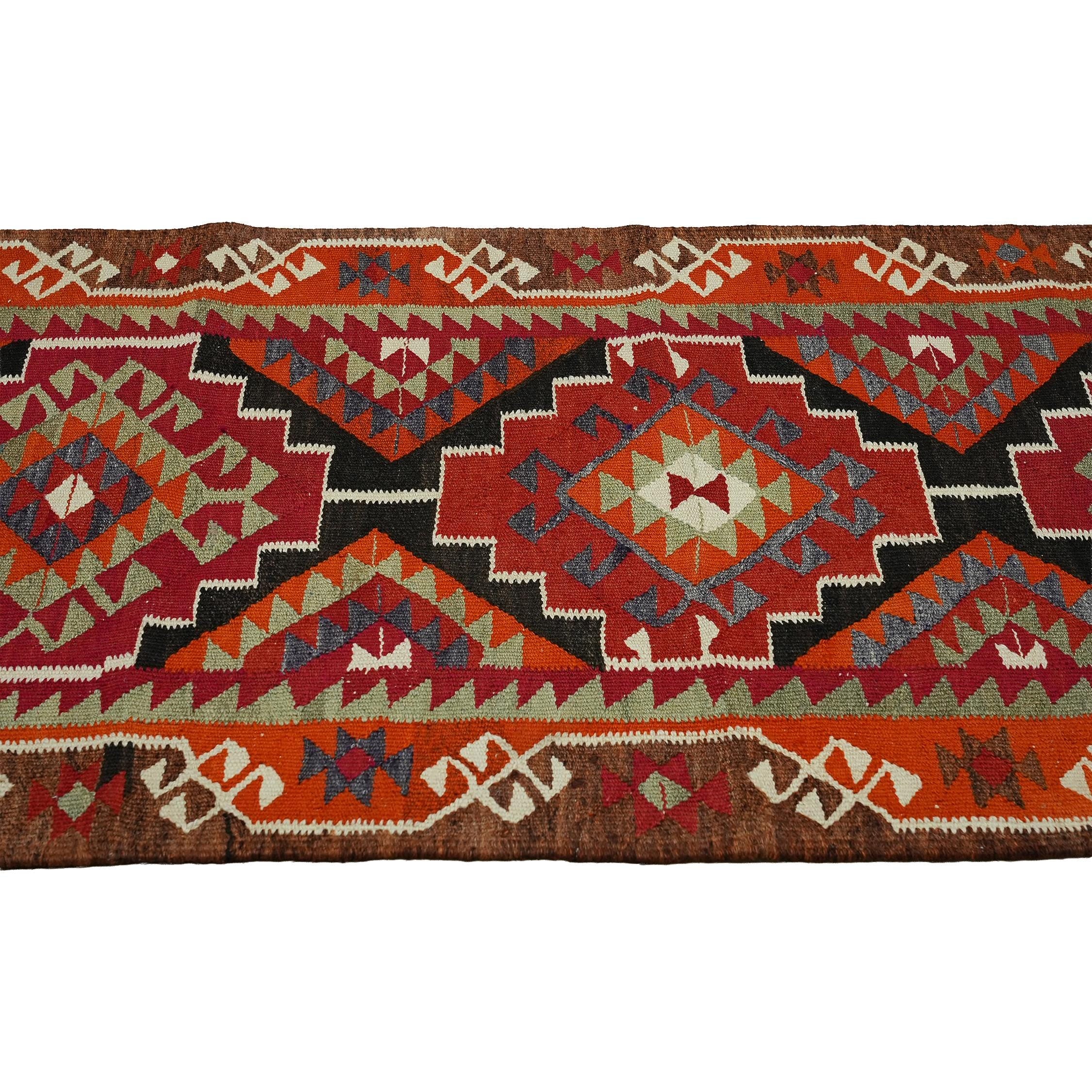3x11 Handwoven Vintage Turkish Wool Kilim - Antique Oushak Design - Tribal Runner Carpet.