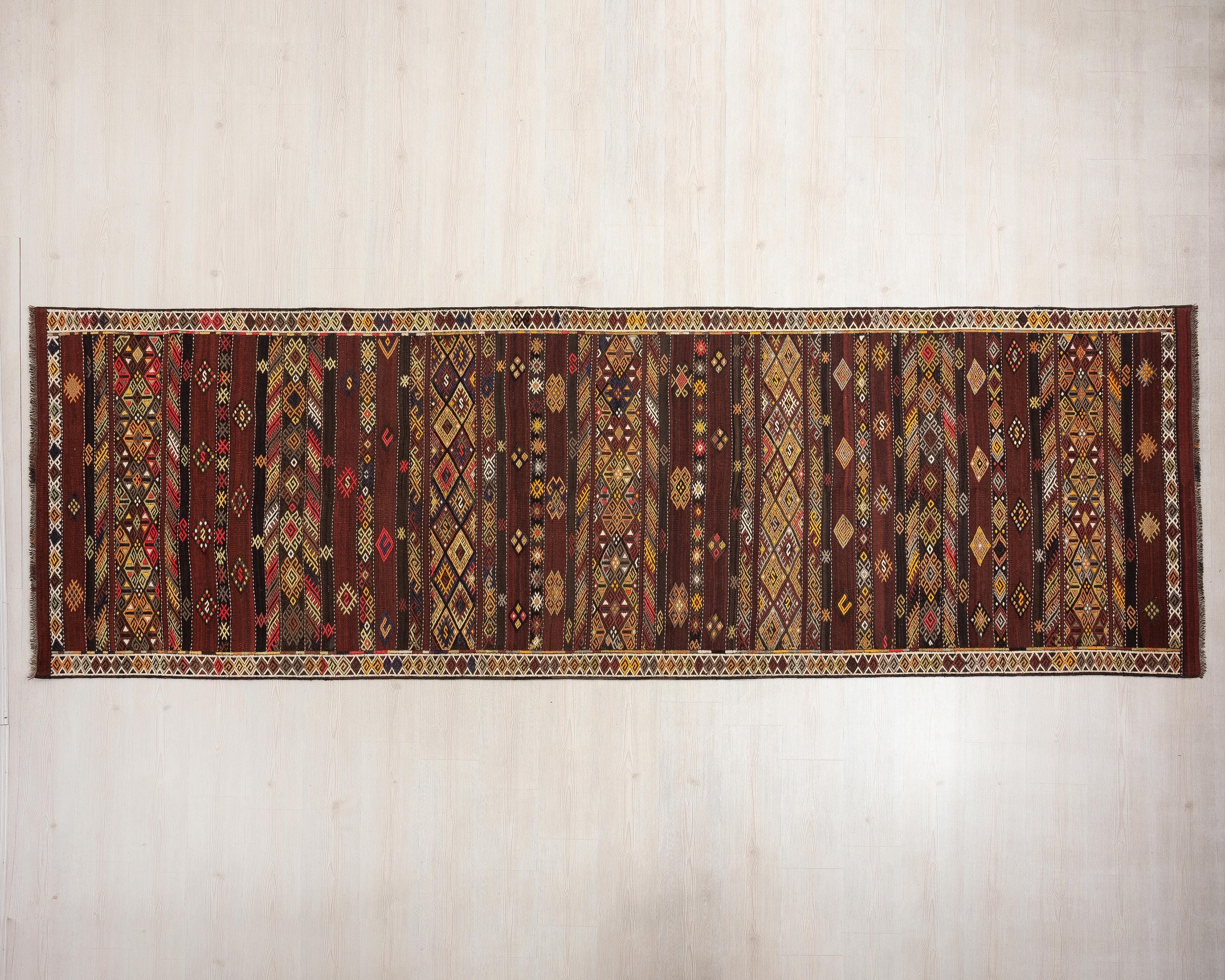 4 x 13 Handwoven Brown Wool Kilim Runner Rug.