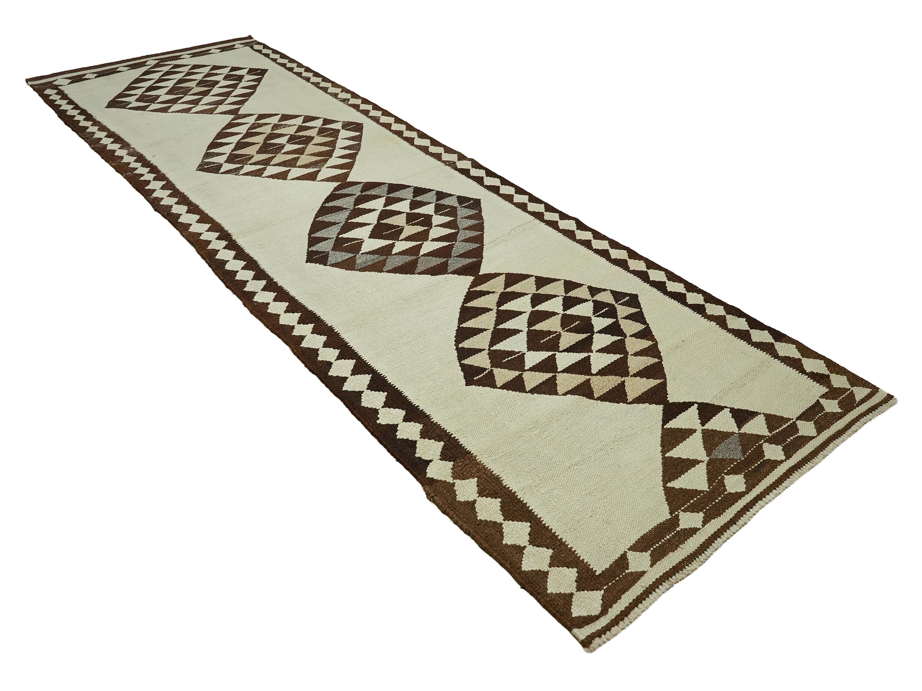 3x11 Handmade Turkish Wool Runner Rug - Brown Ivory Vintage Kilim Hallway Rug