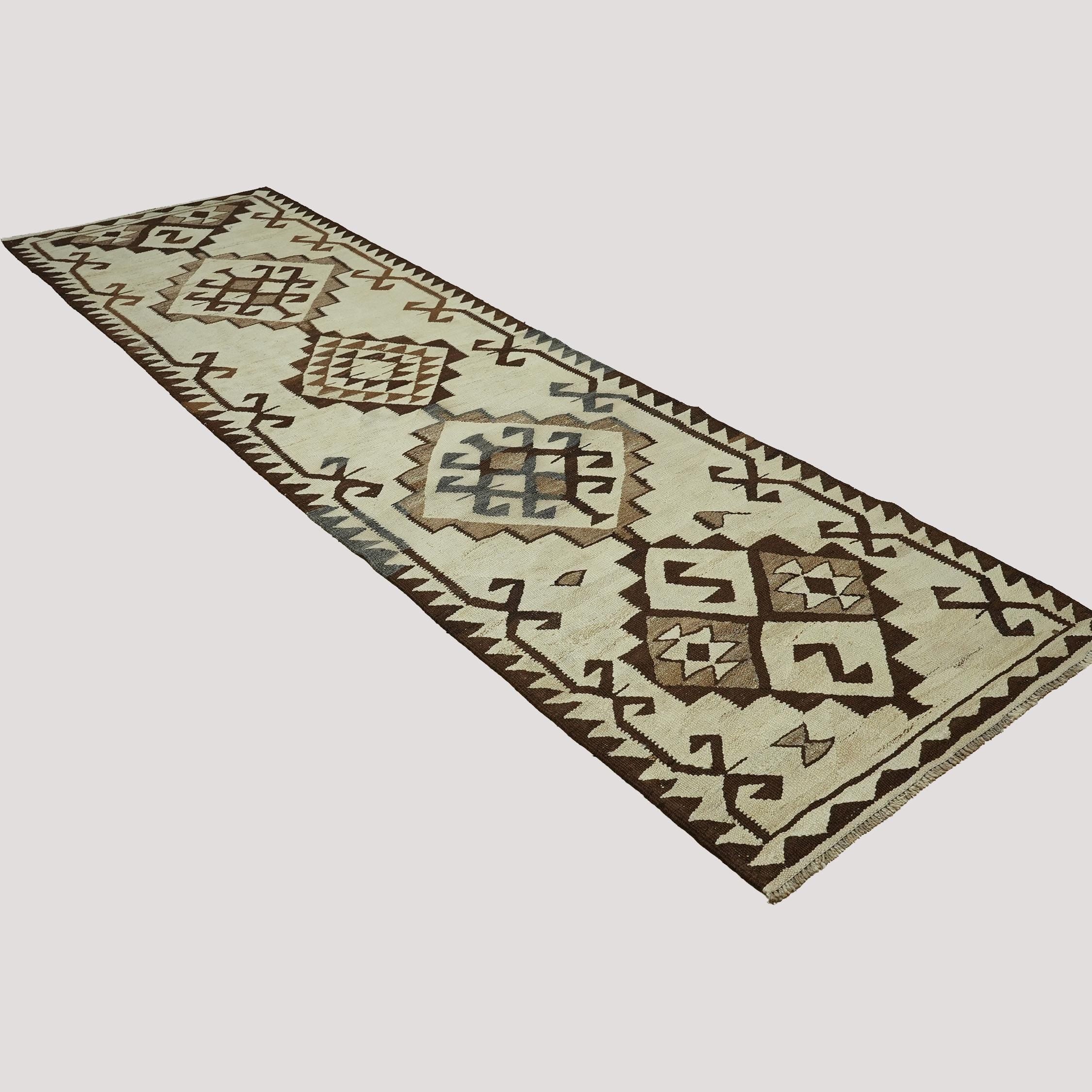 Vintage Turkish Kilim Runner Rug – Handwoven Geometric Tribal Hallway Carpet
