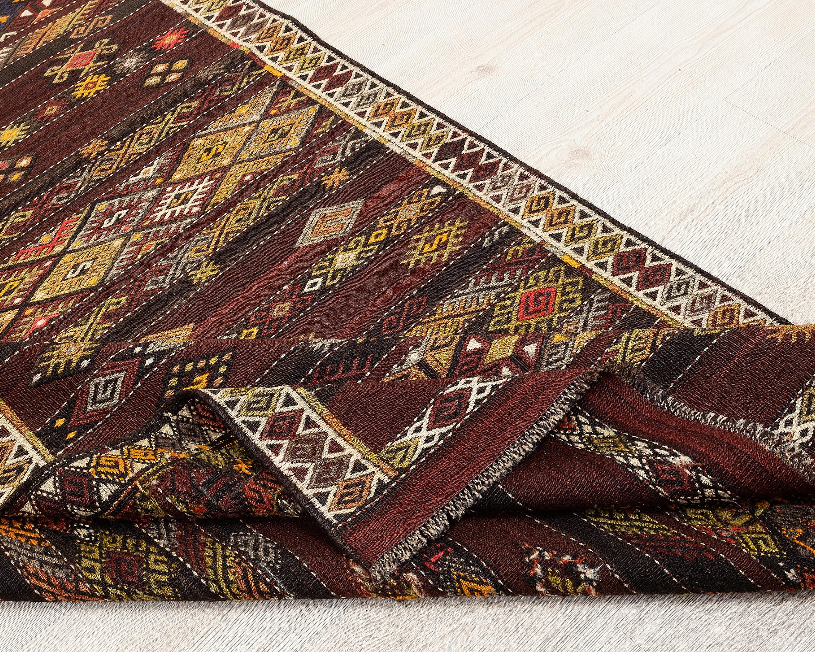 4 x 13 Handwoven Brown Wool Kilim Runner Rug.