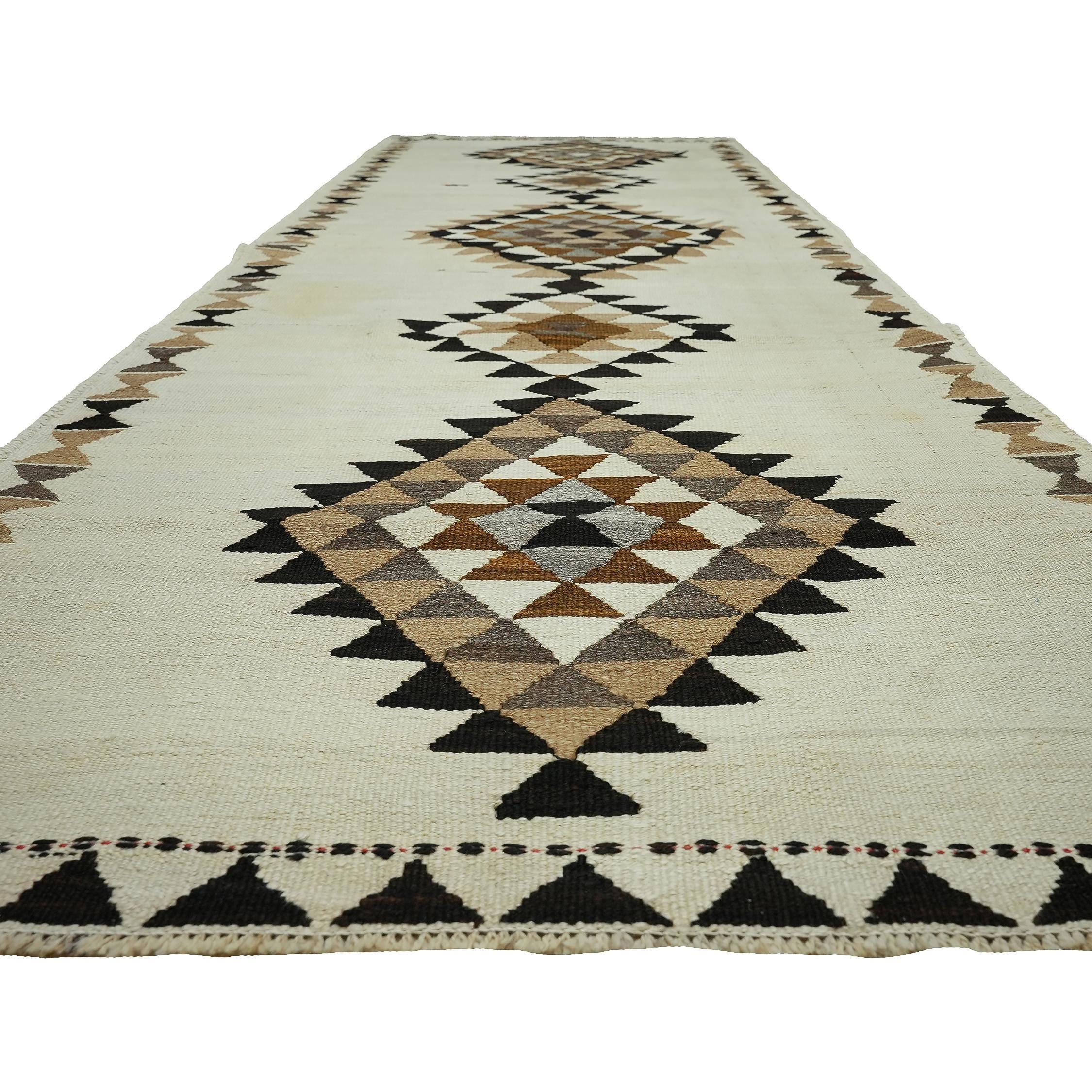 4x11 Handwoven Vintage Turkish Wool Kilim - Antique Oushak Design - Tribal Runner Carpet.