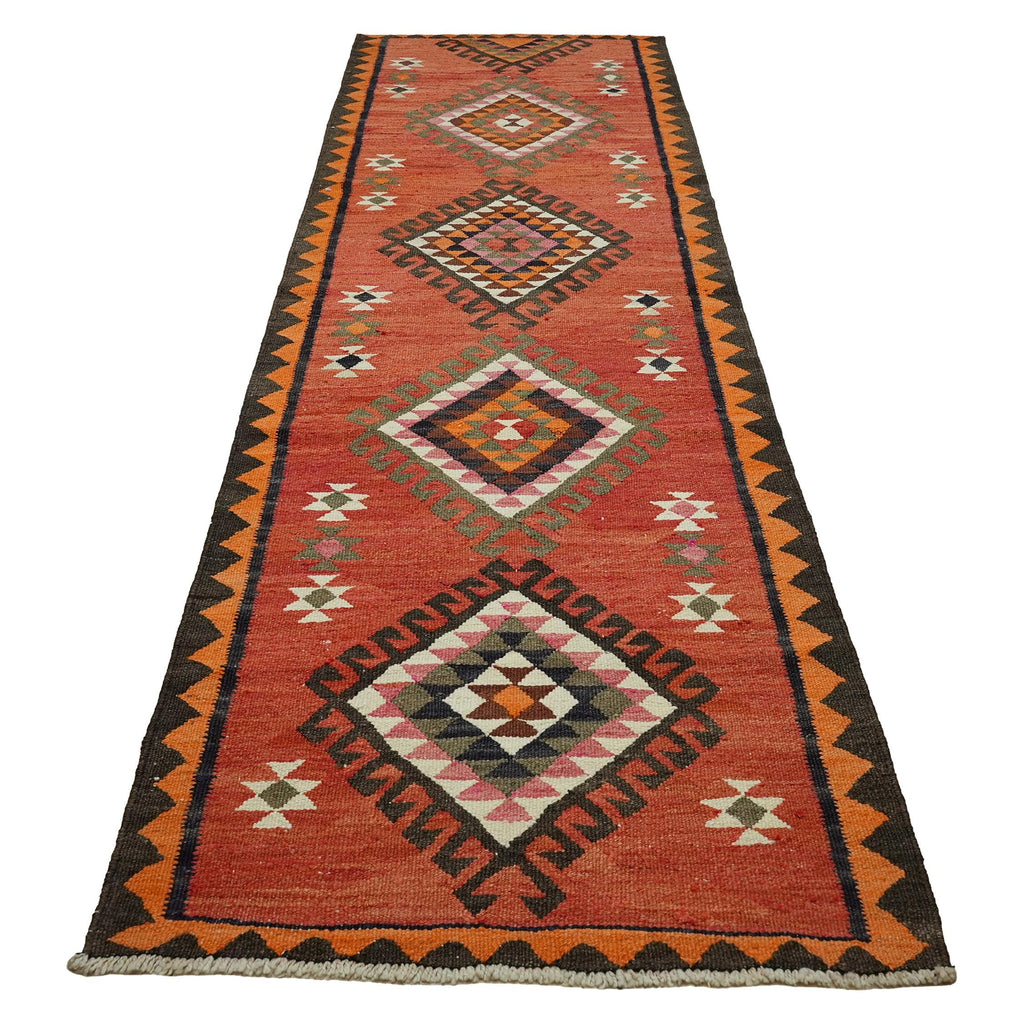 3x10 Rust Red Vintage Turkish Kilim Runner Rug - Handwoven Wool Geometric Tribal Hallway Rug