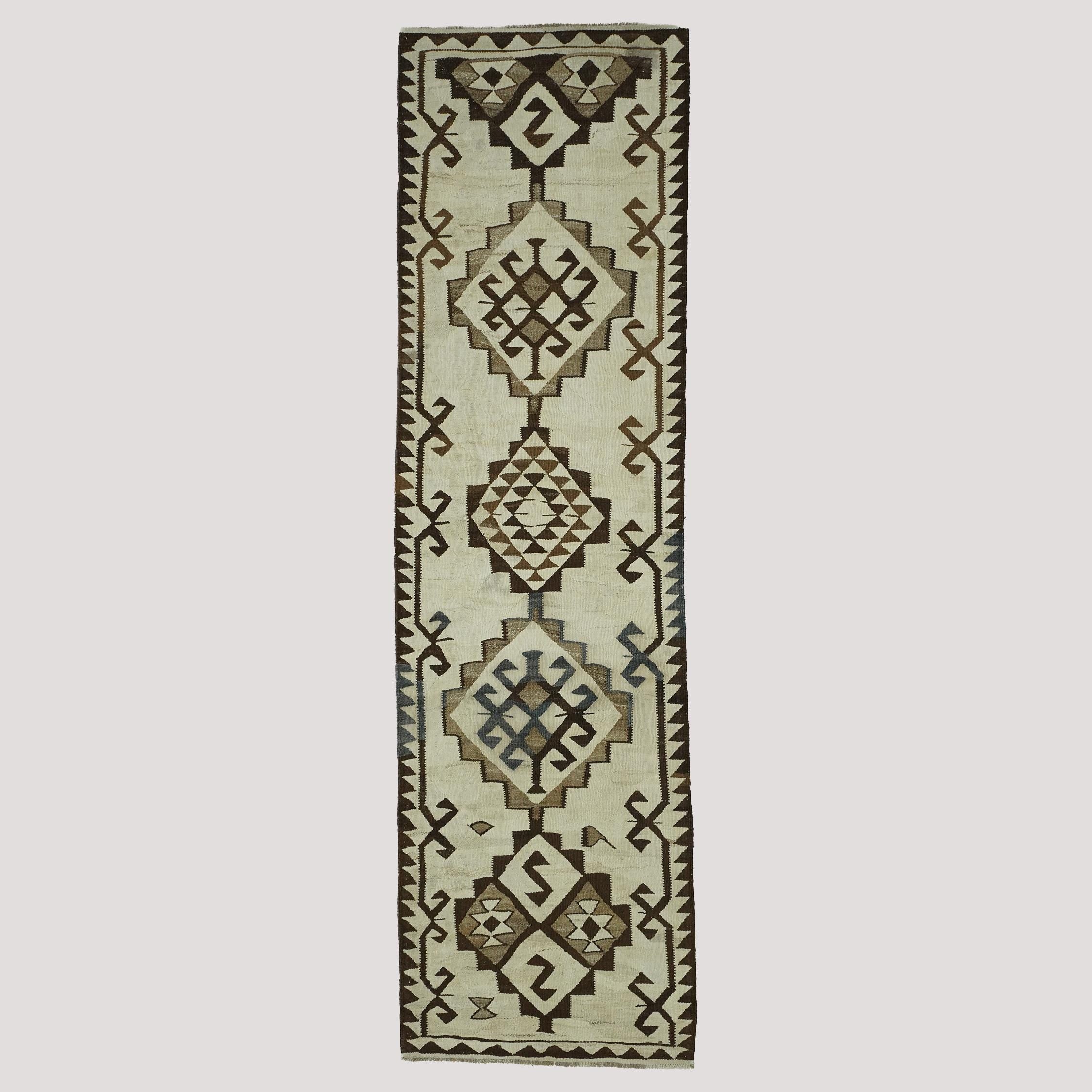 Vintage Turkish Kilim Runner Rug – Handwoven Geometric Tribal Hallway Carpet