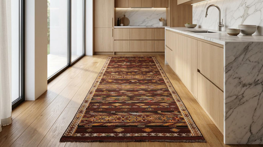4 x 13 Handwoven Brown Wool Kilim Runner Rug.