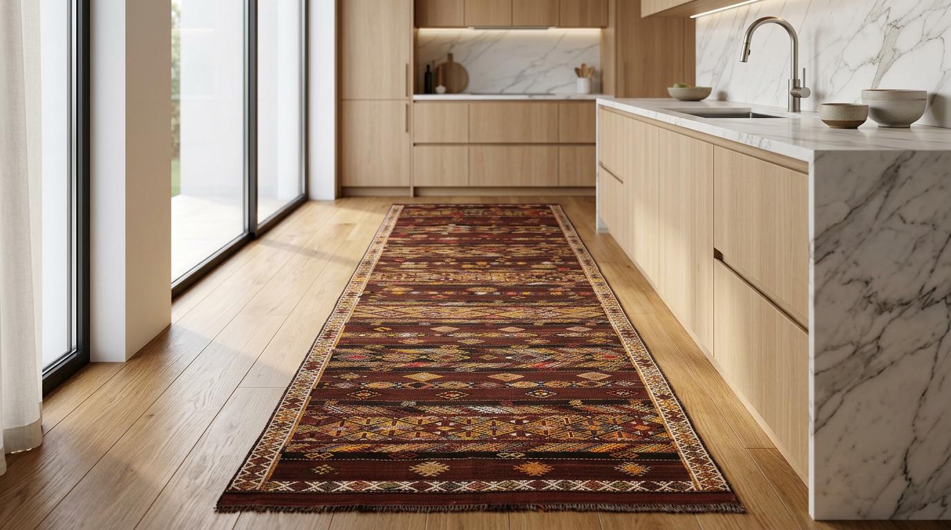 4 x 13 Handwoven Brown Wool Kilim Runner Rug.