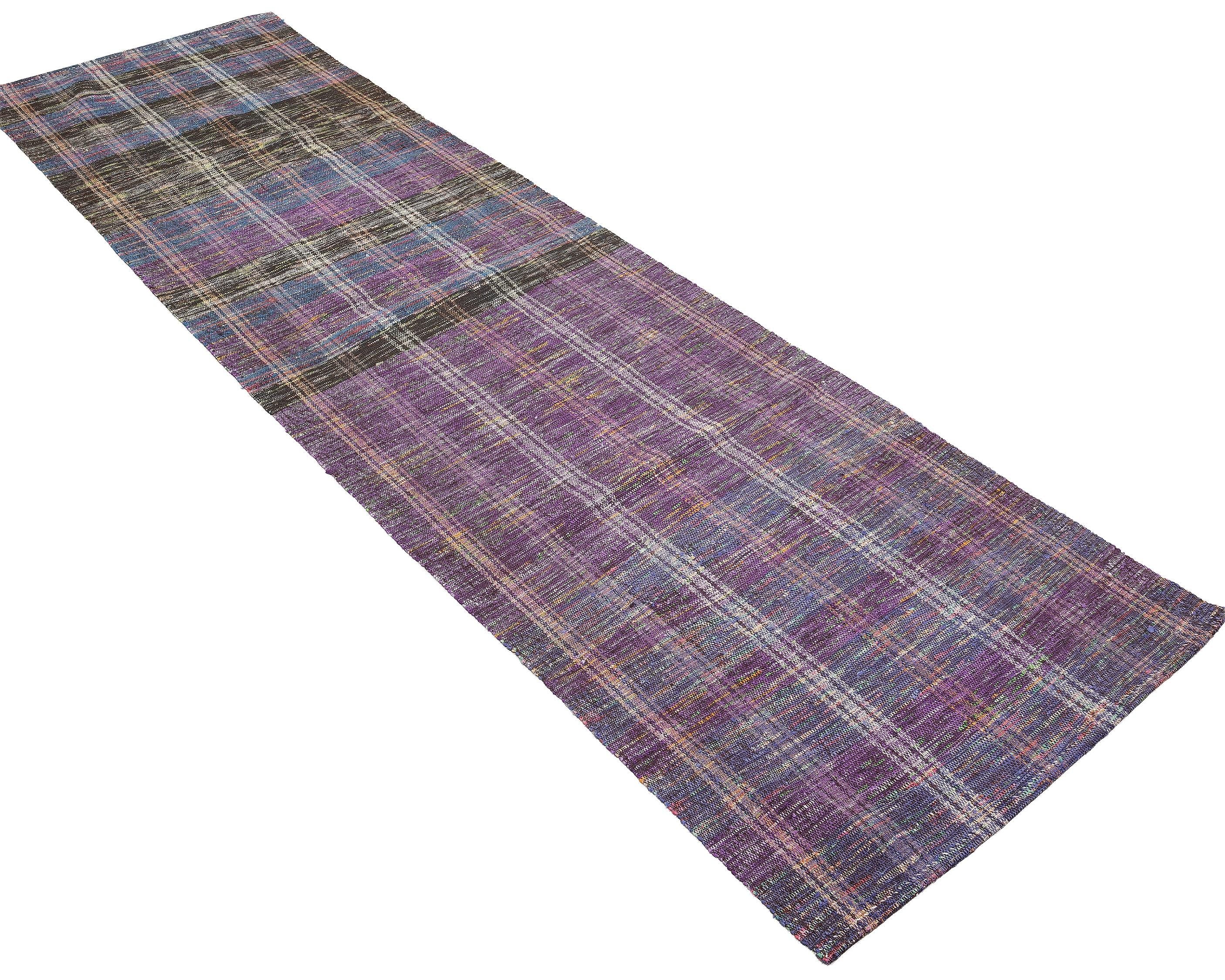 3x10 Handmade Turkish Wool Runner Rug - Purple Blue Vintage Kilim Hallway Rug
