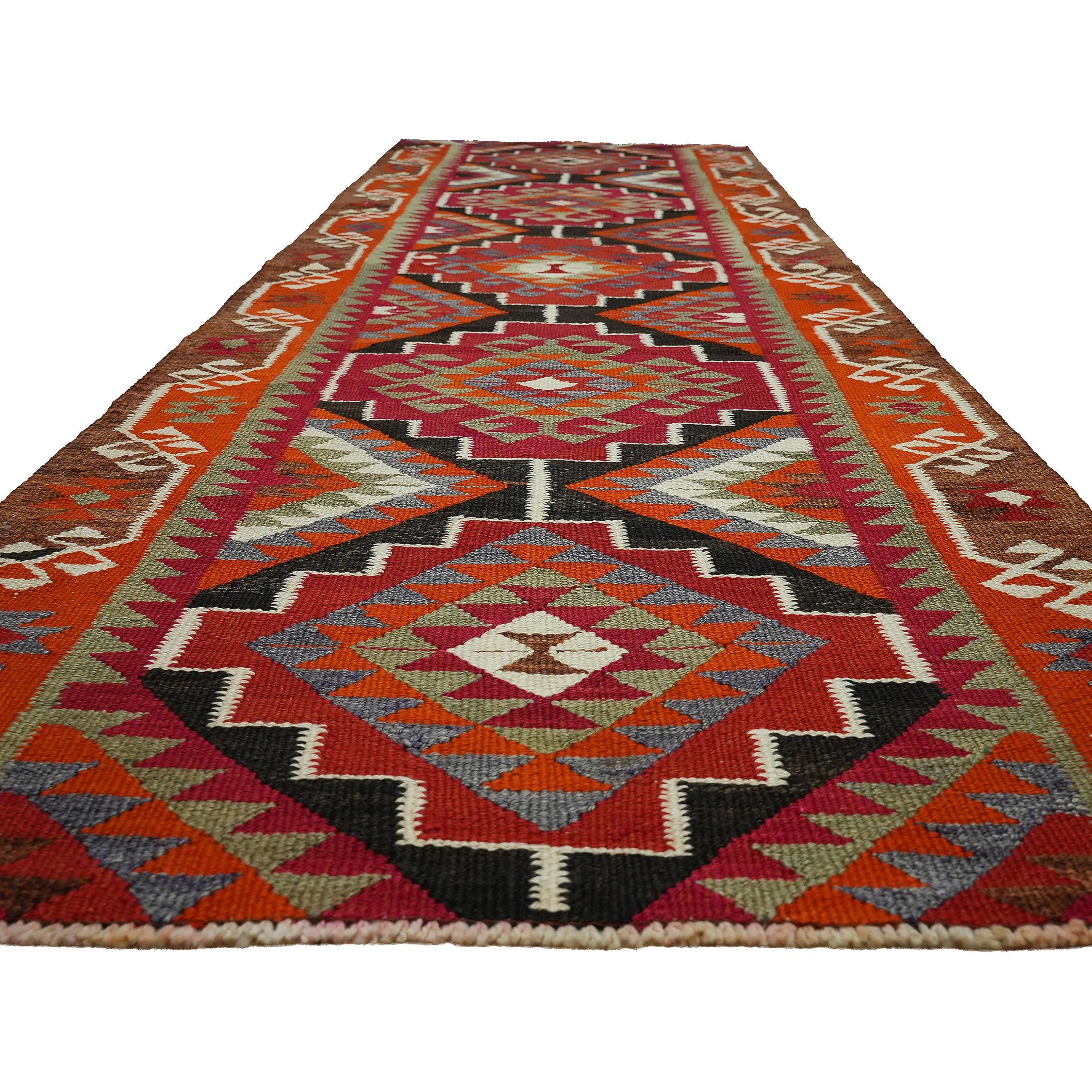 3x11 Handwoven Vintage Turkish Wool Kilim - Antique Oushak Design - Tribal Runner Carpet.