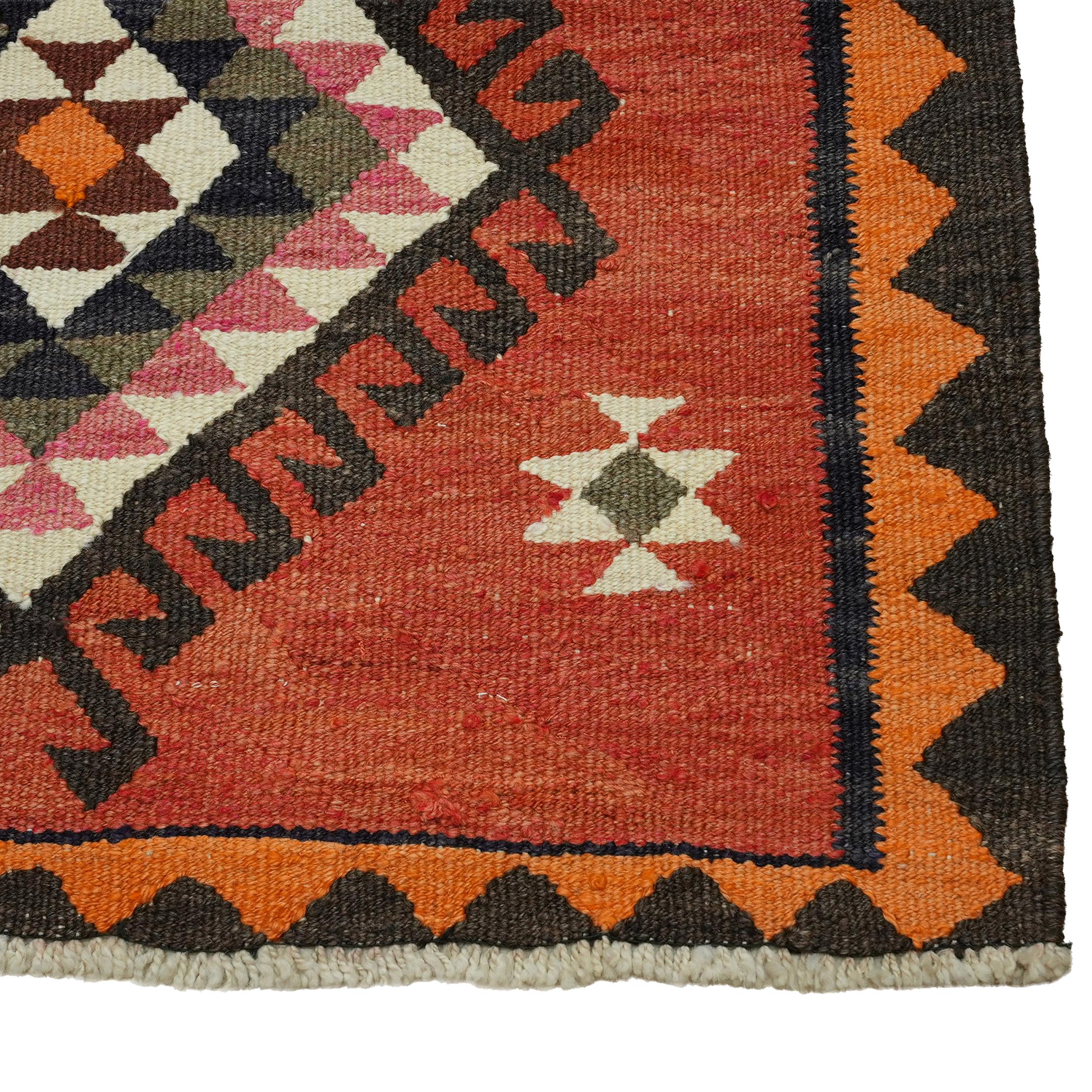 3x10 Rust Red Vintage Turkish Kilim Runner Rug - Handwoven Wool Geometric Tribal Hallway Rug