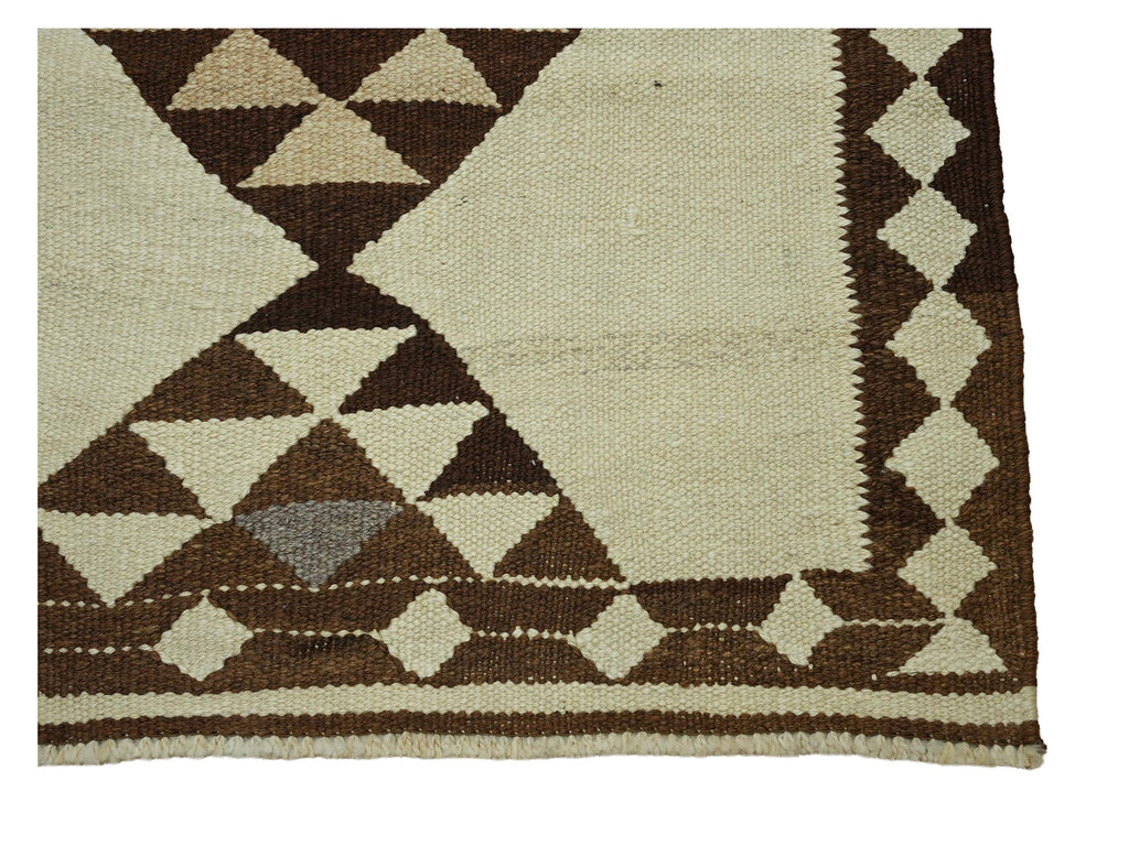 3x11 Handmade Turkish Wool Runner Rug - Brown Ivory Vintage Kilim Hallway Rug