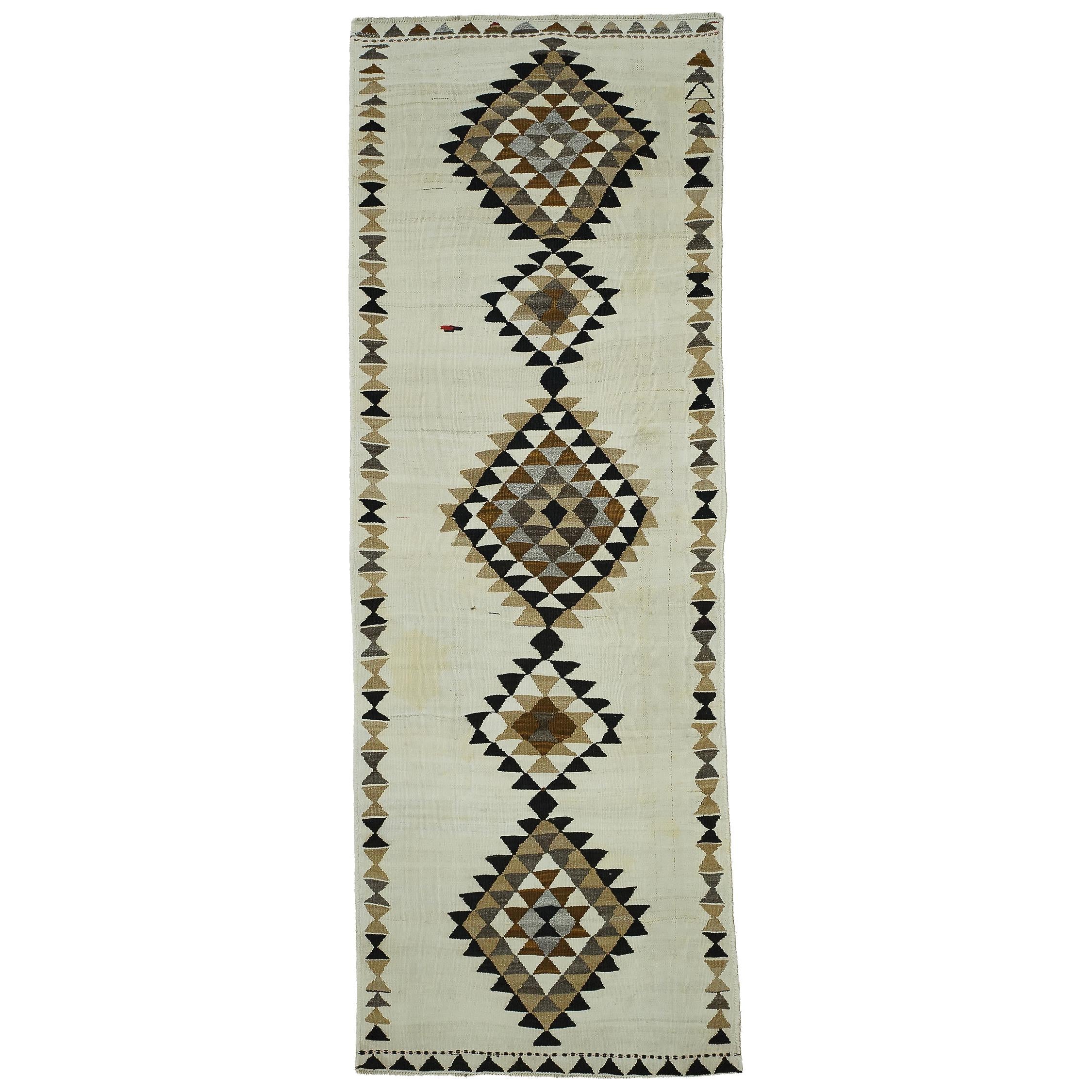 4x11 Handwoven Vintage Turkish Wool Kilim - Antique Oushak Design - Tribal Runner Carpet.