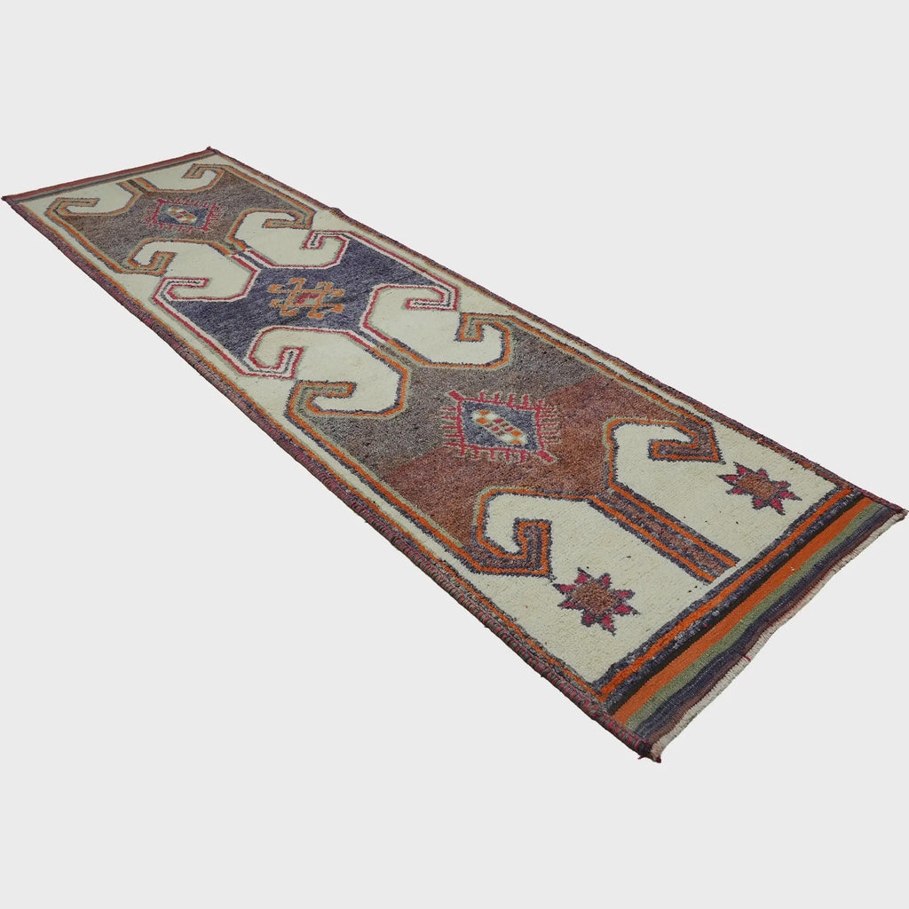 3x11 Handmade Turkish Wool Runner Rug - Cream Blue Orange Vintage Hallway Rug