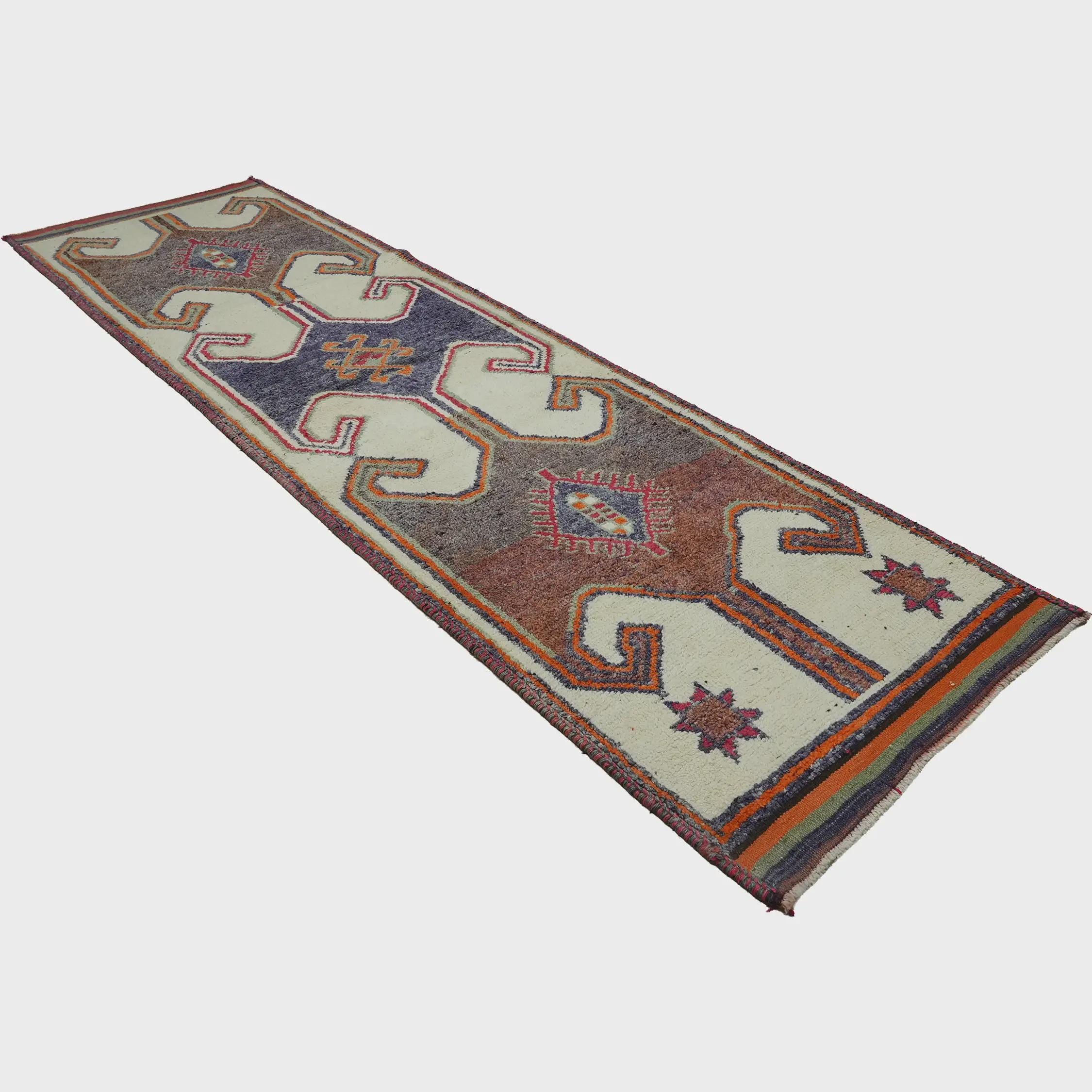 3x11 Handmade Turkish Wool Runner Rug - Cream Blue Orange Vintage Hallway Rug