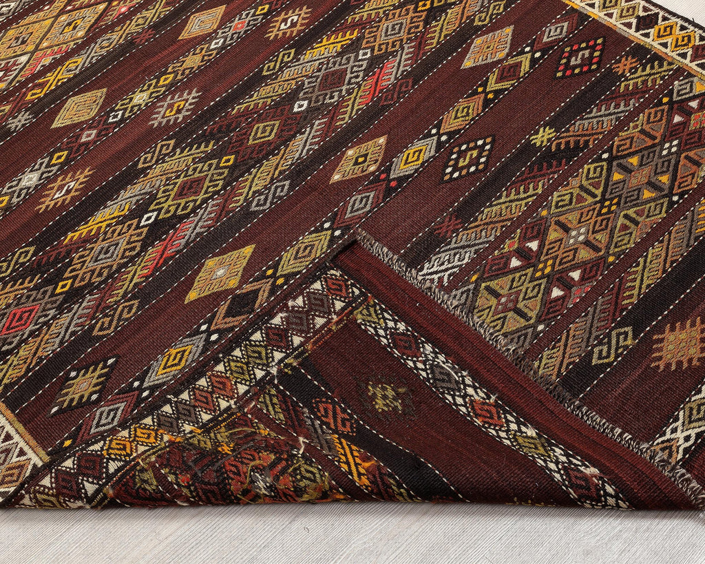 4 x 13 Handwoven Brown Wool Kilim Runner Rug.