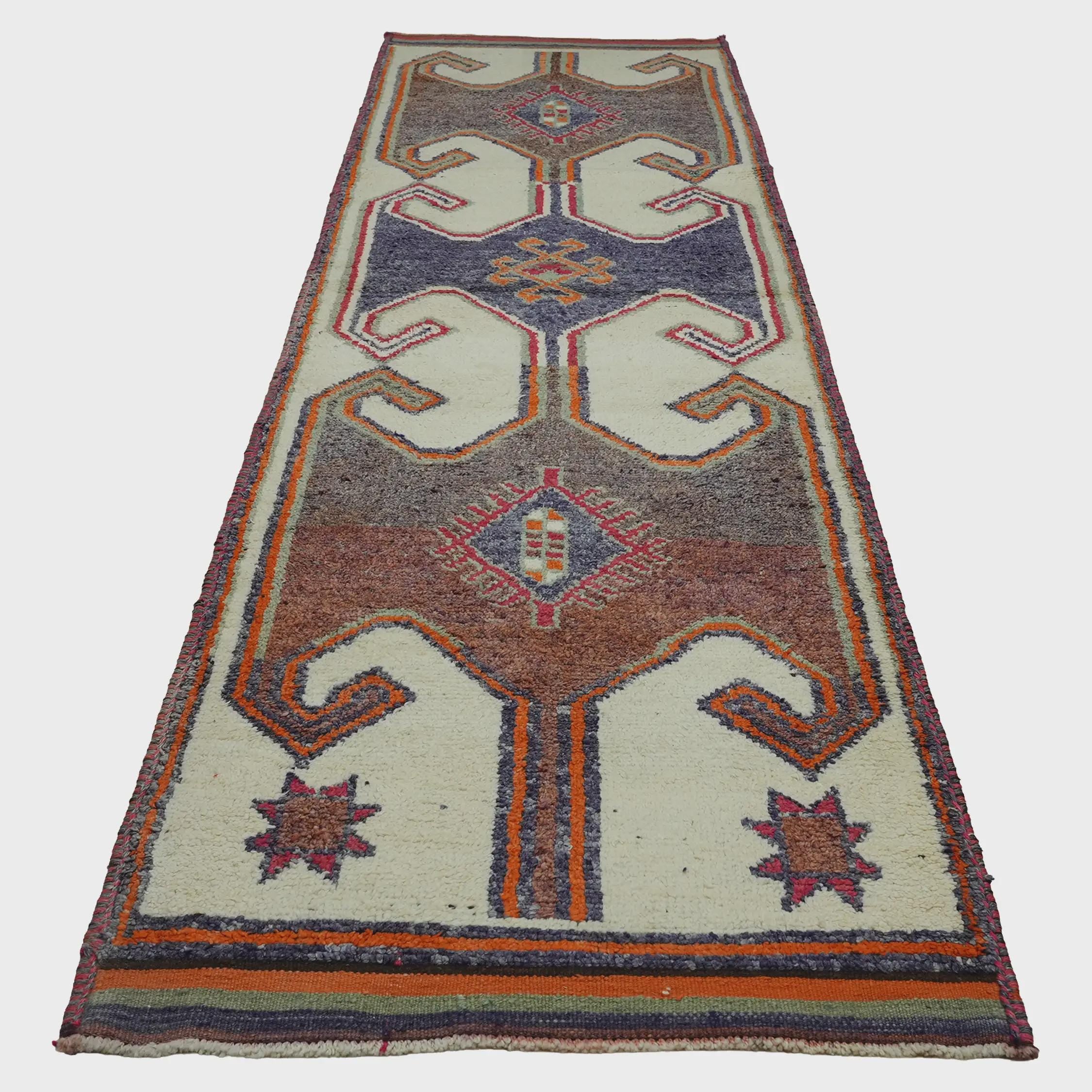 3x11 Handmade Turkish Wool Runner Rug - Cream Blue Orange Vintage Hallway Rug