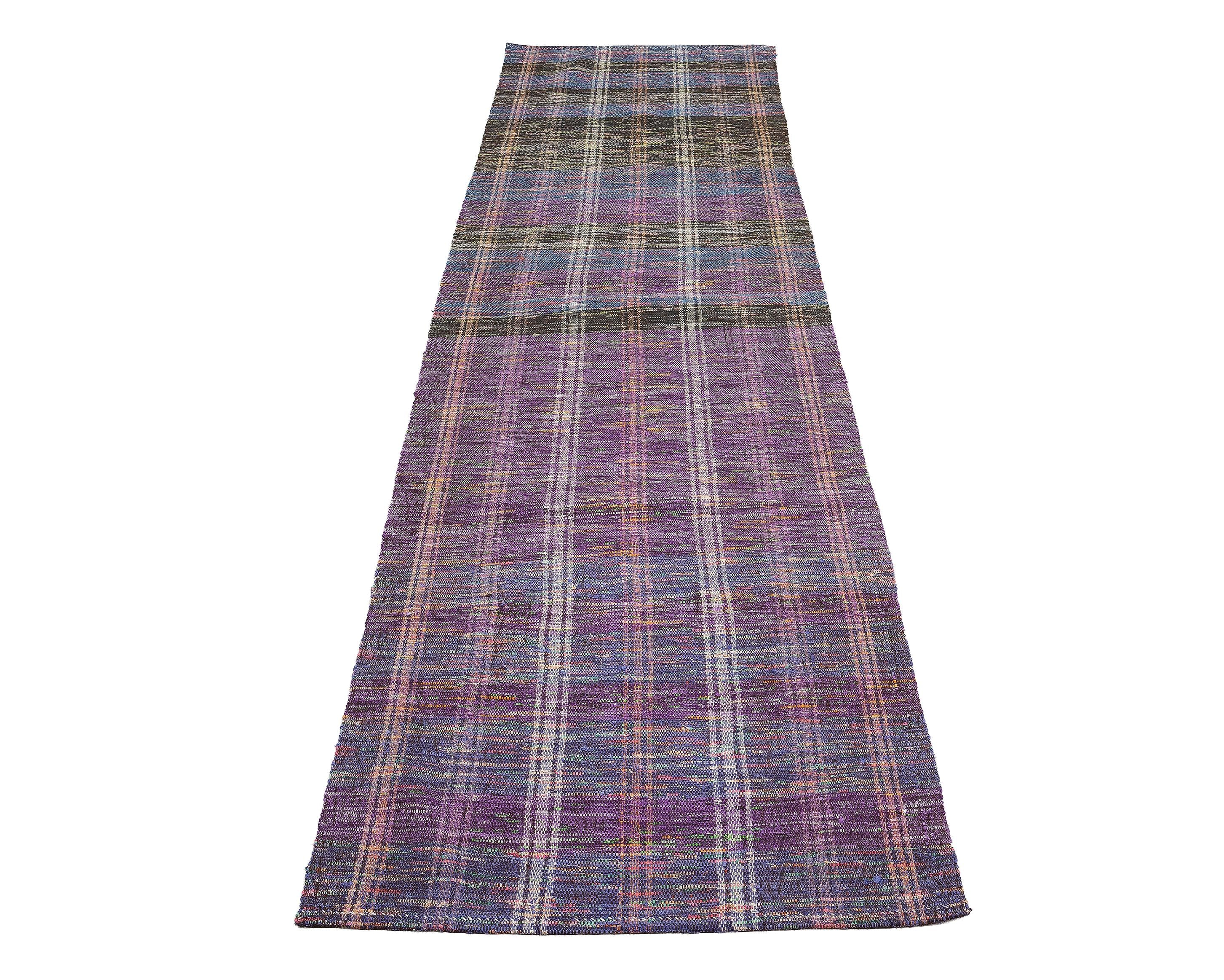 3x10 Handmade Turkish Wool Runner Rug - Purple Blue Vintage Kilim Hallway Rug