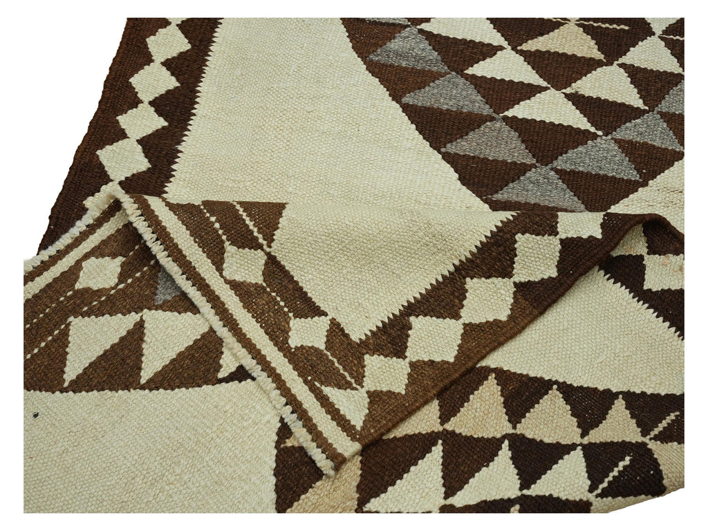 3x11 Handmade Turkish Wool Runner Rug - Brown Ivory Vintage Kilim Hallway Rug