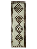 3x11 Handmade Turkish Wool Runner Rug - Brown Ivory Vintage Kilim Hallway Rug