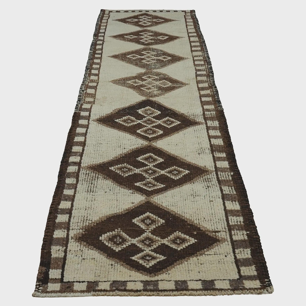 3x10 Handmade Turkish Wool Runner Rug - Brown Ivory Vintage Hallway Rug