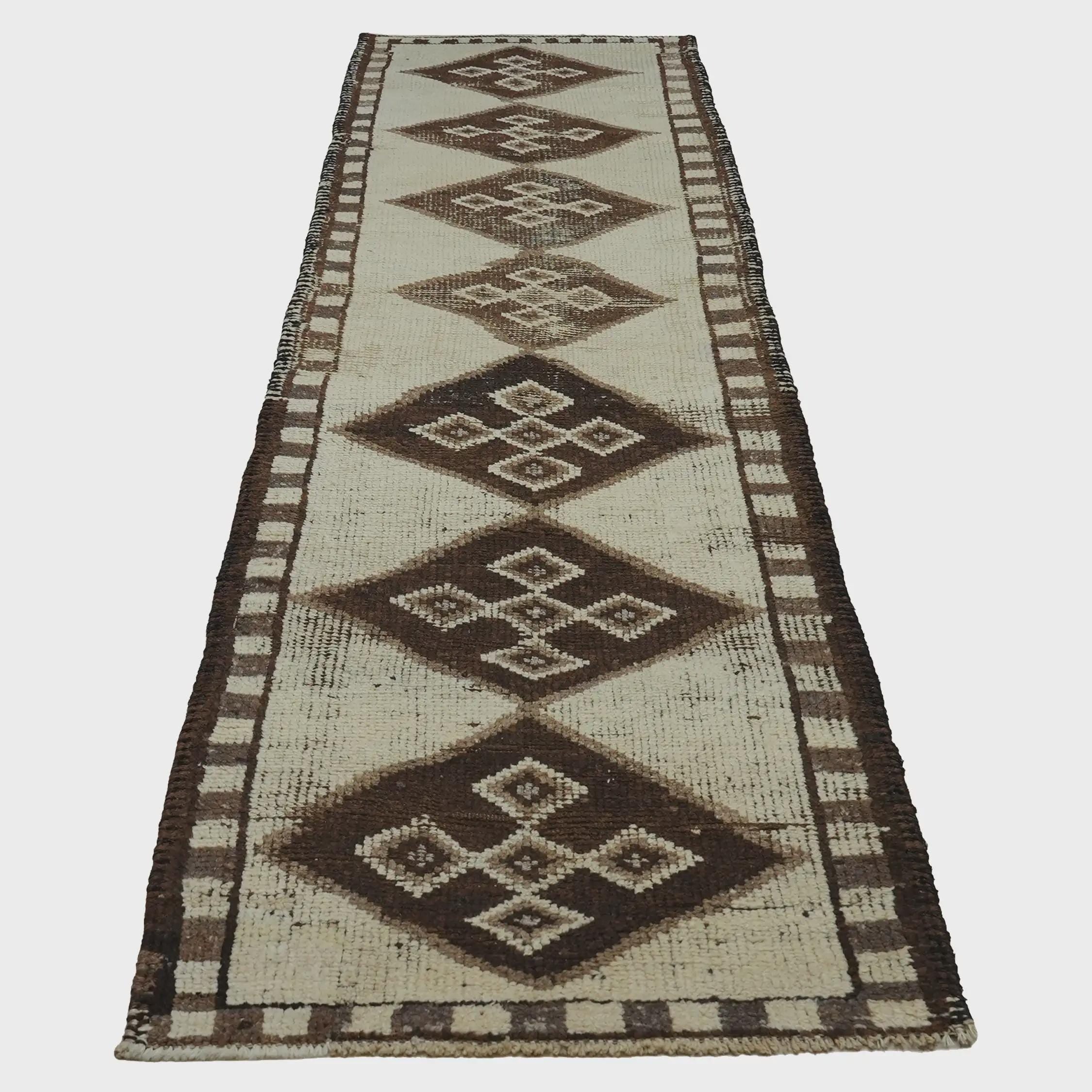 3x10 Handmade Turkish Wool Runner Rug - Brown Ivory Vintage Hallway Rug
