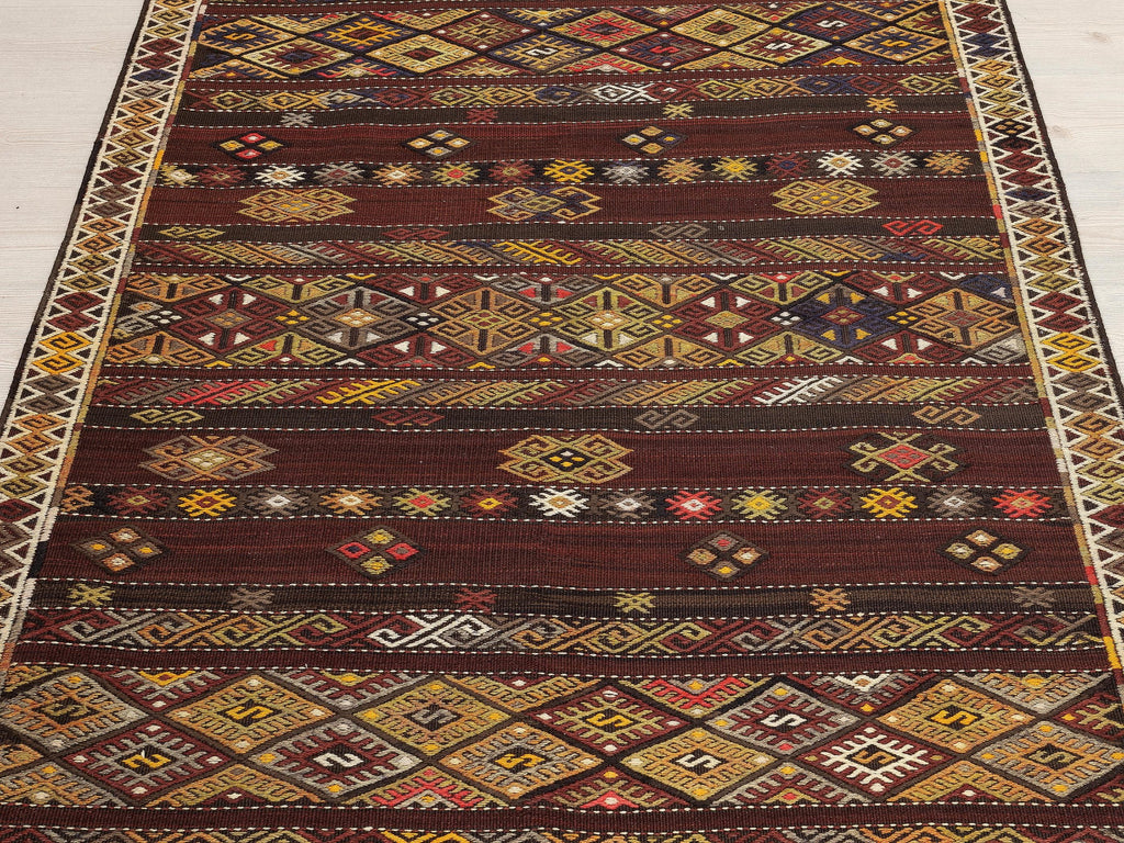 4 x 13 Handwoven Brown Wool Kilim Runner Rug.