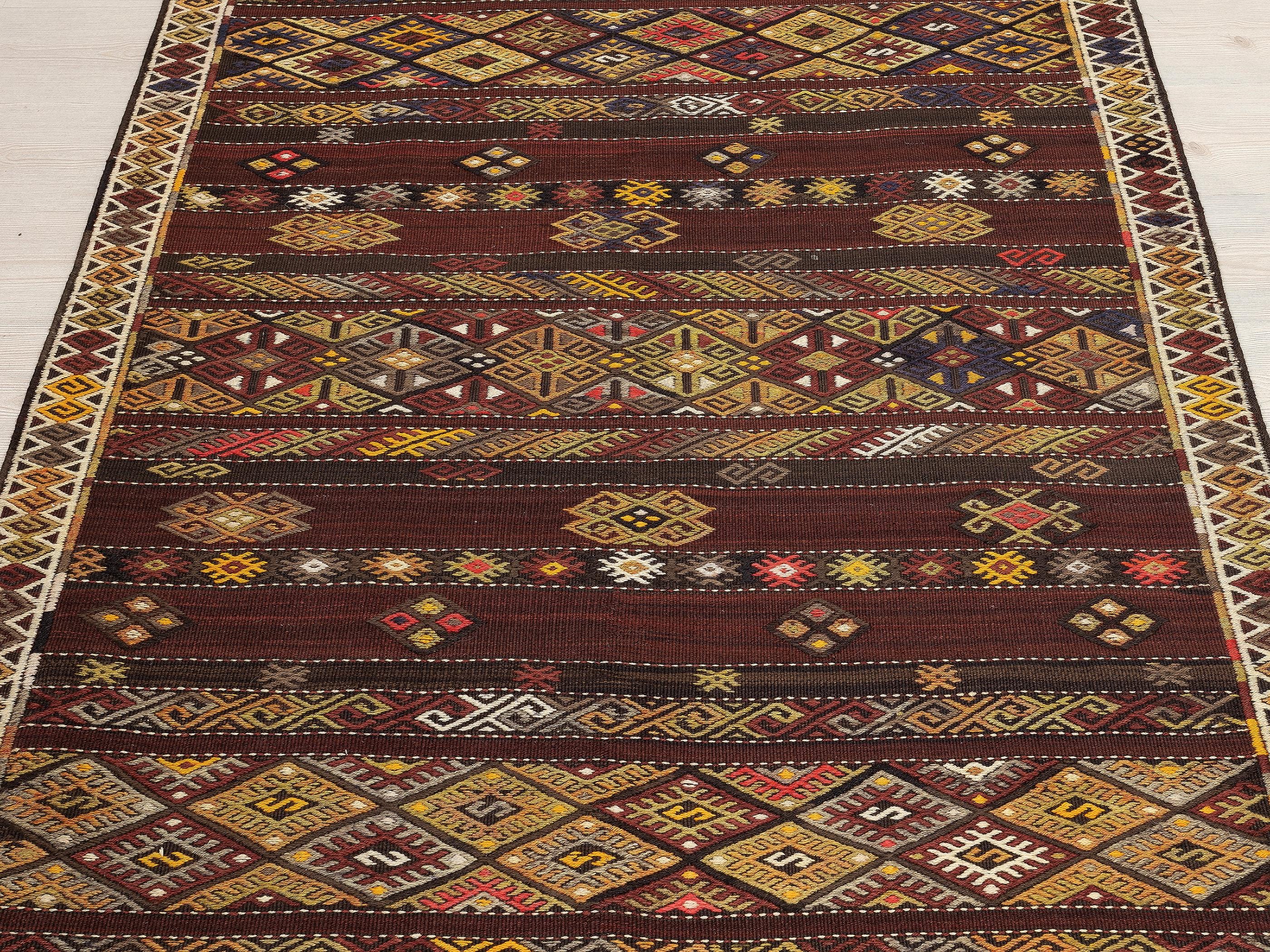 4 x 13 Handwoven Brown Wool Kilim Runner Rug.