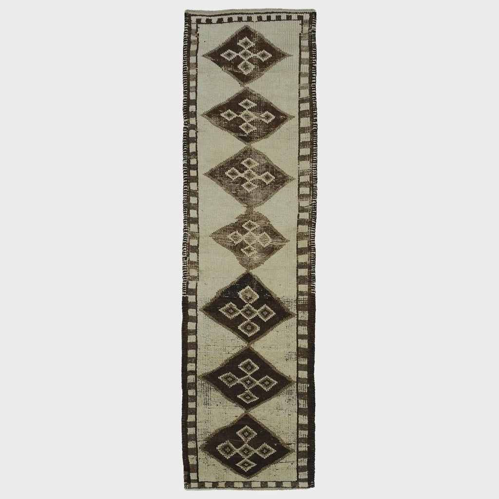 3x10 Handmade Turkish Wool Runner Rug - Brown Ivory Vintage Hallway Rug