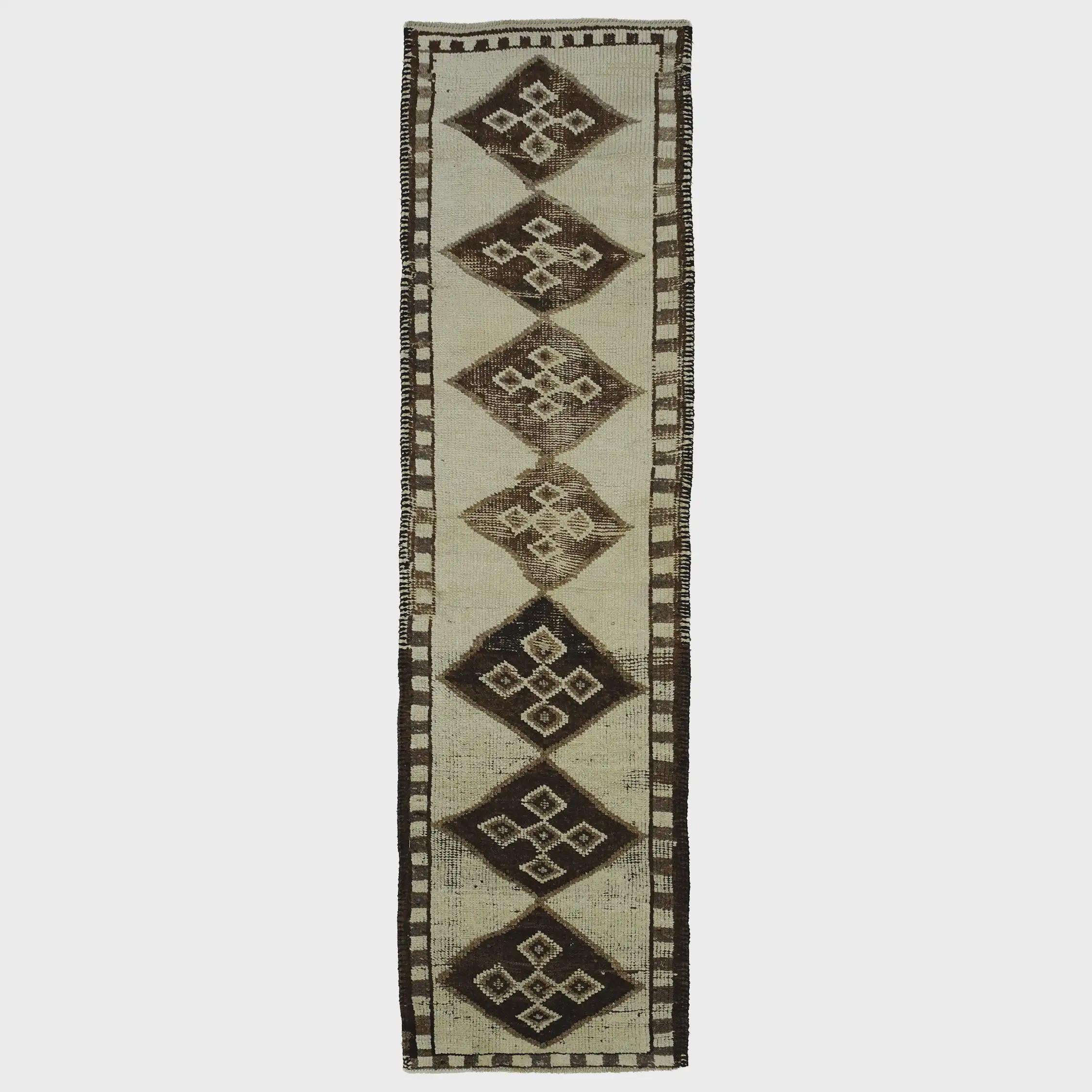 3x10 Handmade Turkish Wool Runner Rug - Brown Ivory Vintage Hallway Rug