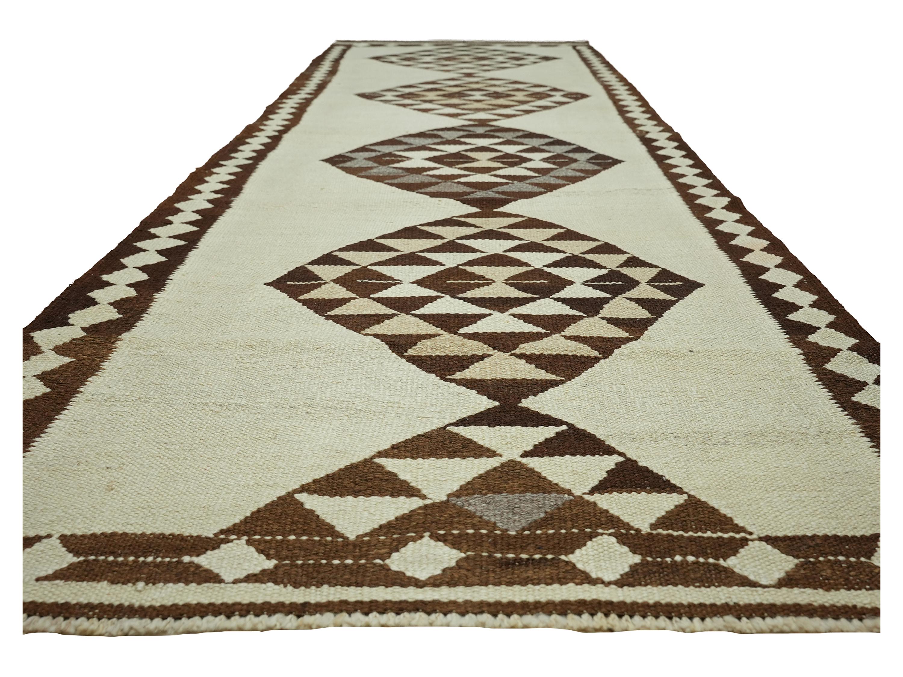 3x11 Handmade Turkish Wool Runner Rug - Brown Ivory Vintage Kilim Hallway Rug