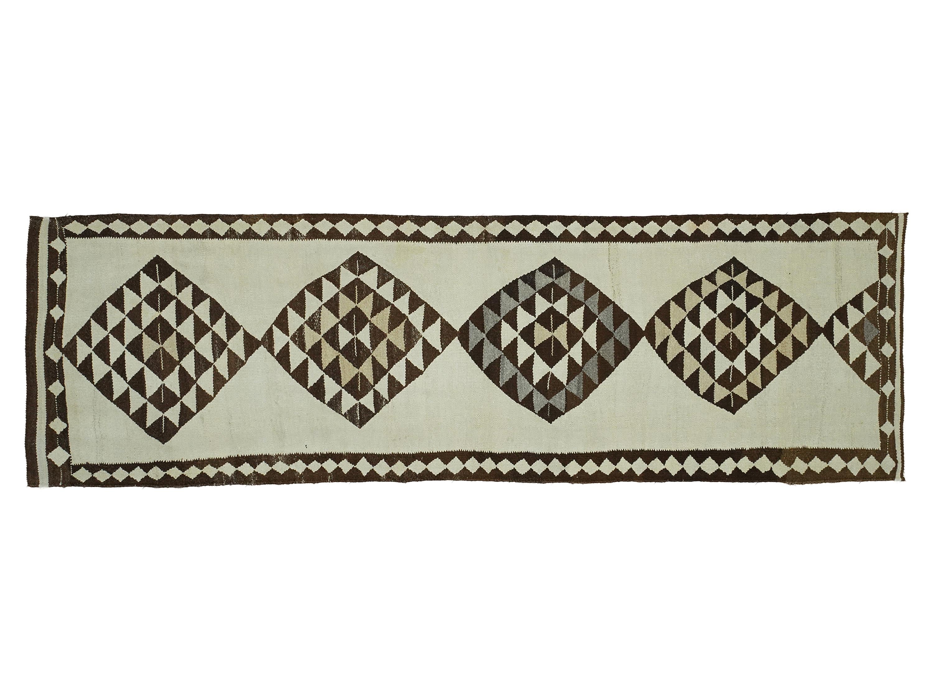 3x11 Handmade Turkish Wool Runner Rug - Brown Ivory Vintage Kilim Hallway Rug