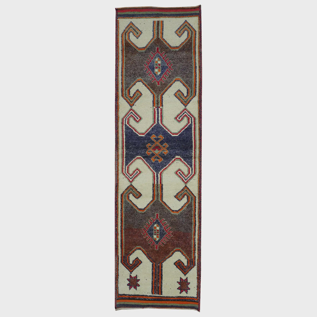 3x11 Handmade Turkish Wool Runner Rug - Cream Blue Orange Vintage Hallway Rug