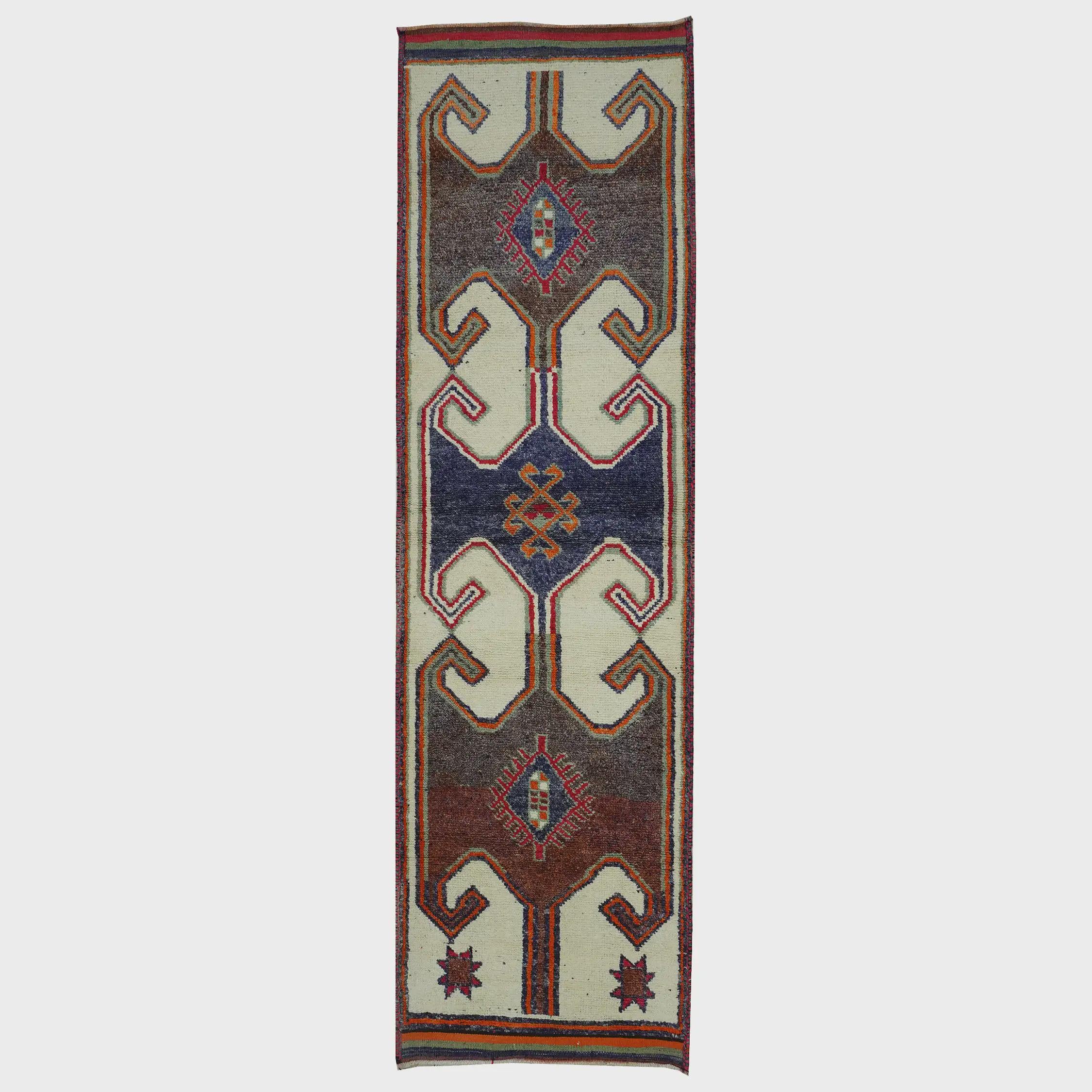 3x11 Handmade Turkish Wool Runner Rug - Cream Blue Orange Vintage Hallway Rug