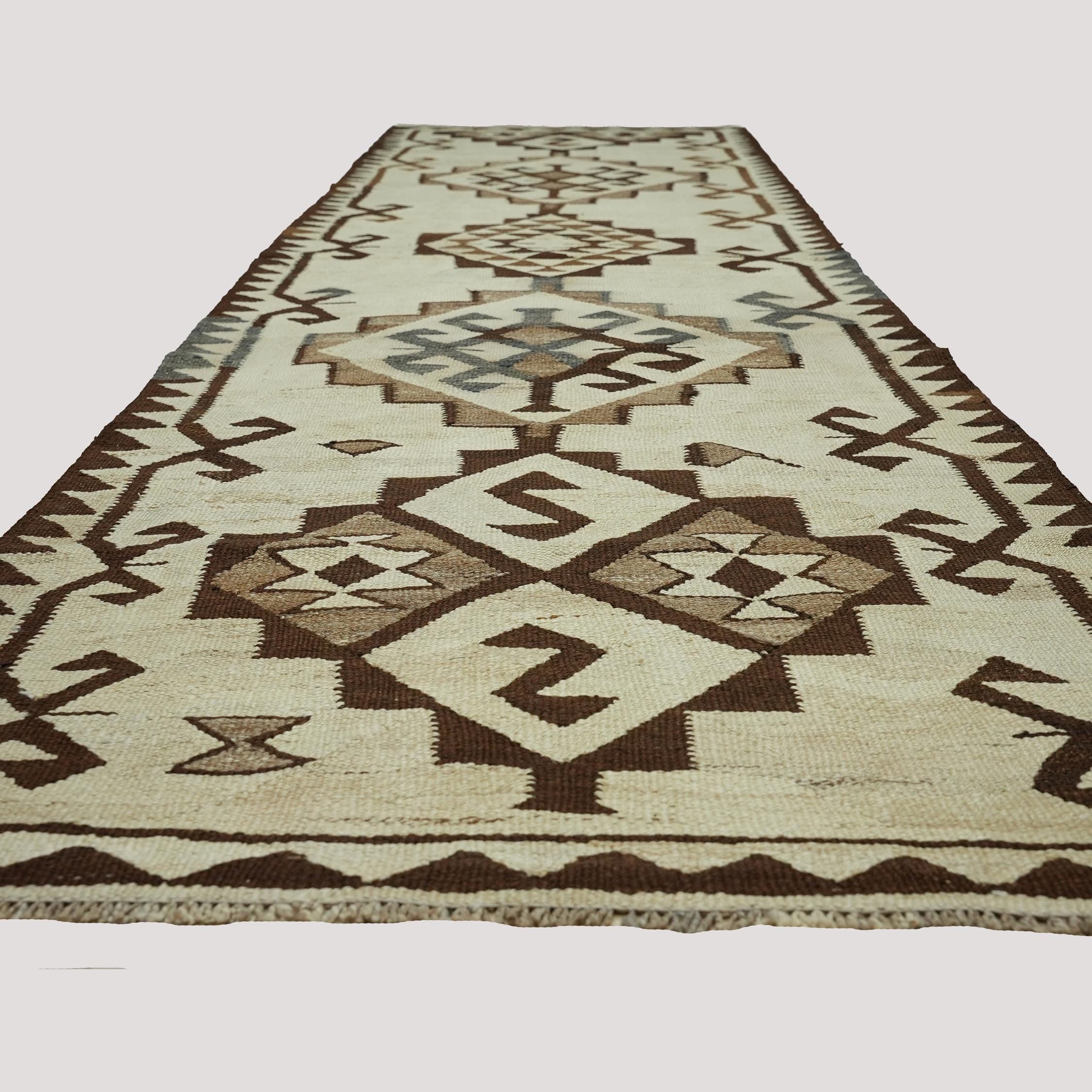 Vintage Turkish Kilim Runner Rug – Handwoven Geometric Tribal Hallway Carpet