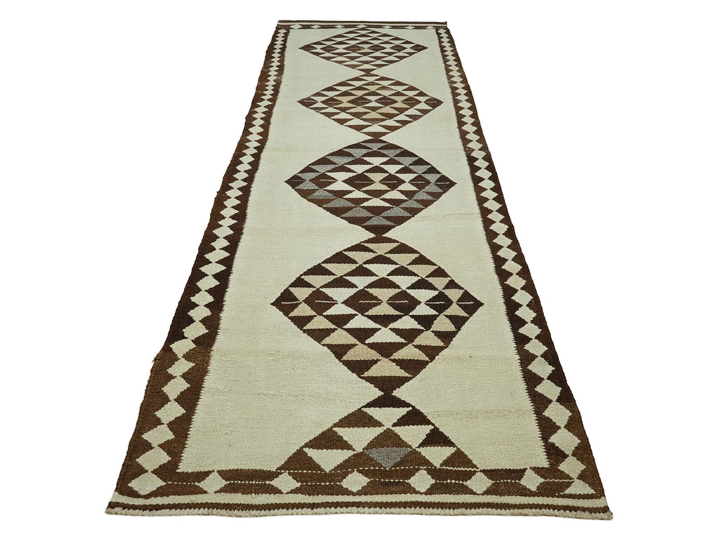3x11 Handmade Turkish Wool Runner Rug - Brown Ivory Vintage Kilim Hallway Rug
