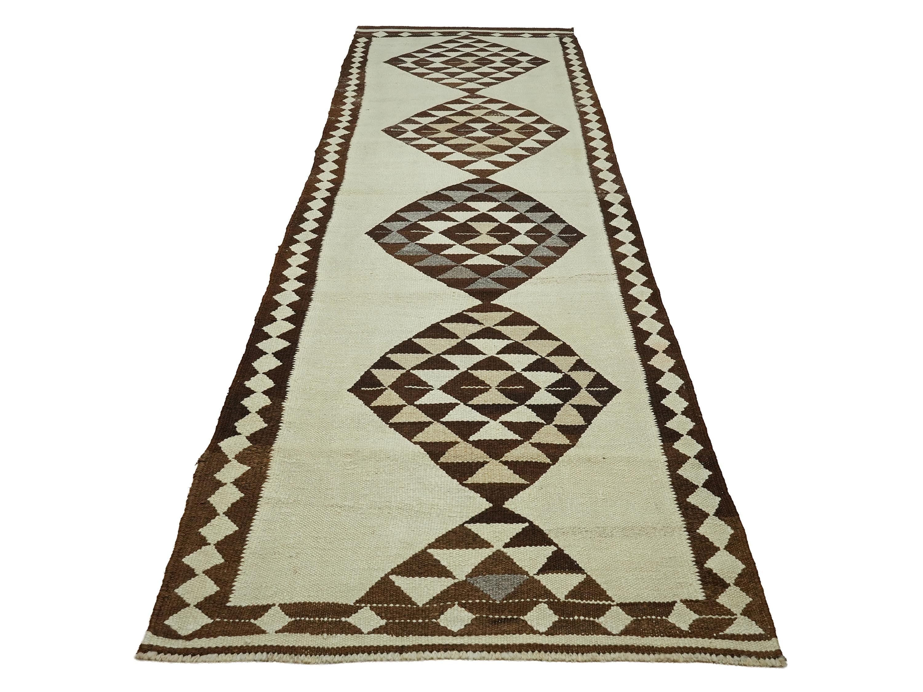 3x11 Handmade Turkish Wool Runner Rug - Brown Ivory Vintage Kilim Hallway Rug