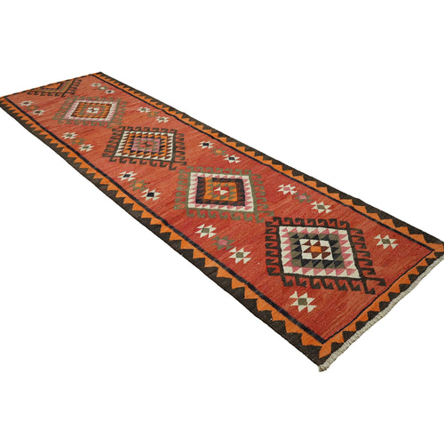 3x10 Rust Red Vintage Turkish Kilim Runner Rug - Handwoven Wool Geometric Tribal Hallway Rug