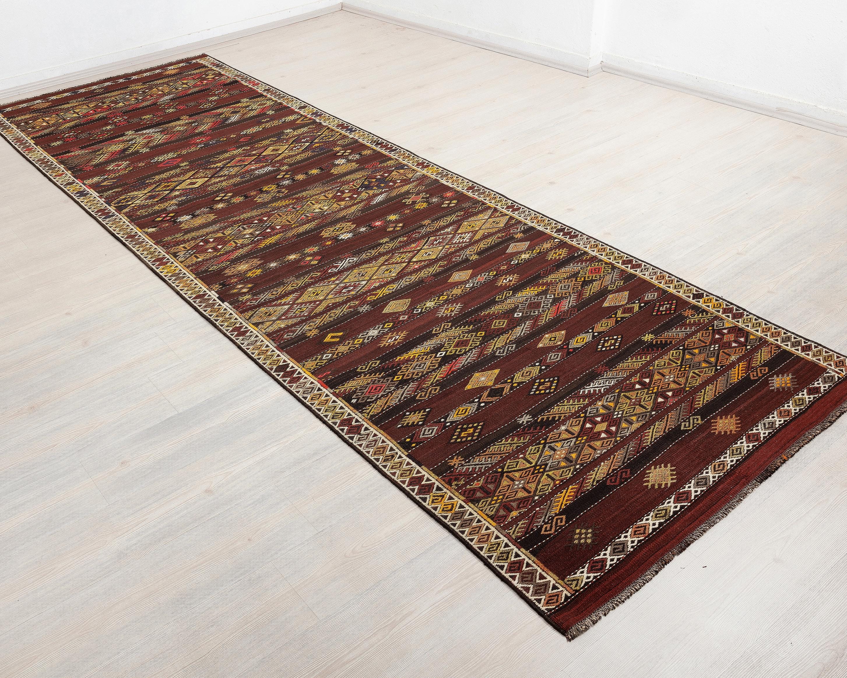 4 x 13 Handwoven Brown Wool Kilim Runner Rug.