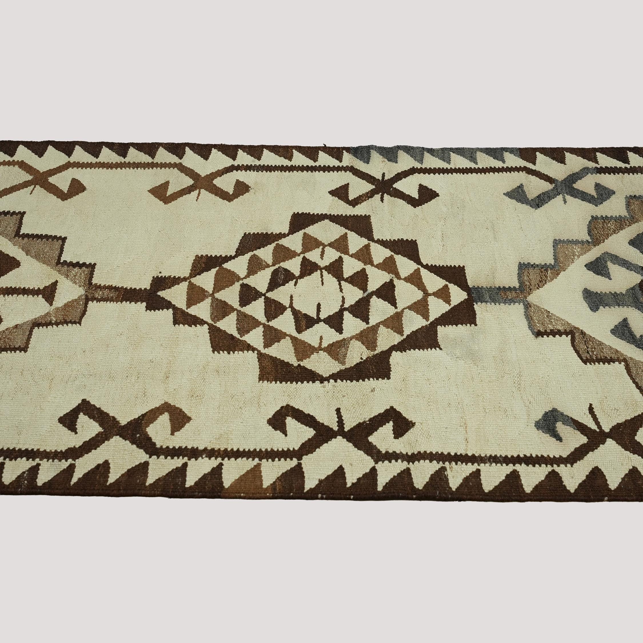 Vintage Turkish Kilim Runner Rug – Handwoven Geometric Tribal Hallway Carpet