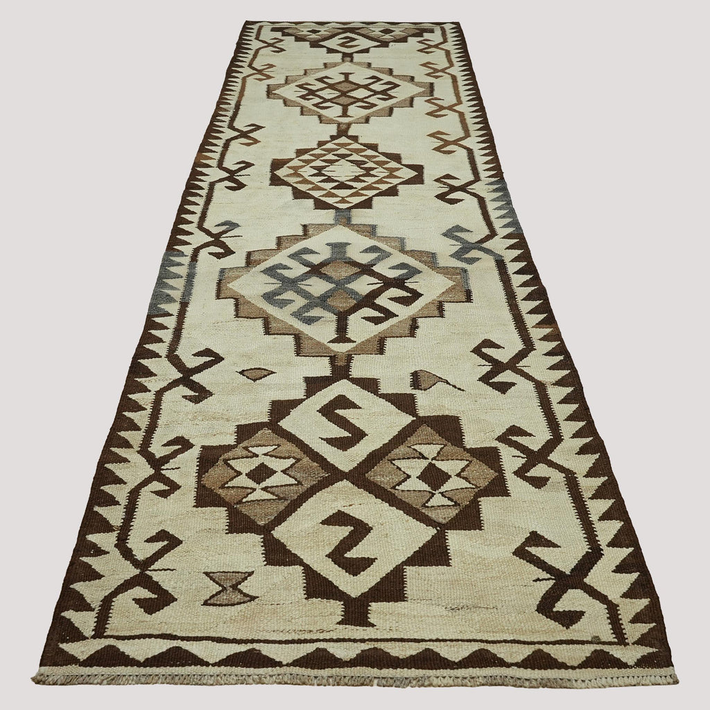 Vintage Turkish Kilim Runner Rug – Handwoven Geometric Tribal Hallway Carpet