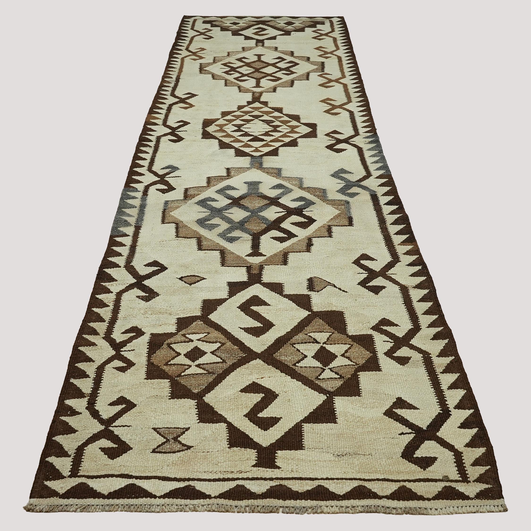 Vintage Turkish Kilim Runner Rug – Handwoven Geometric Tribal Hallway Carpet
