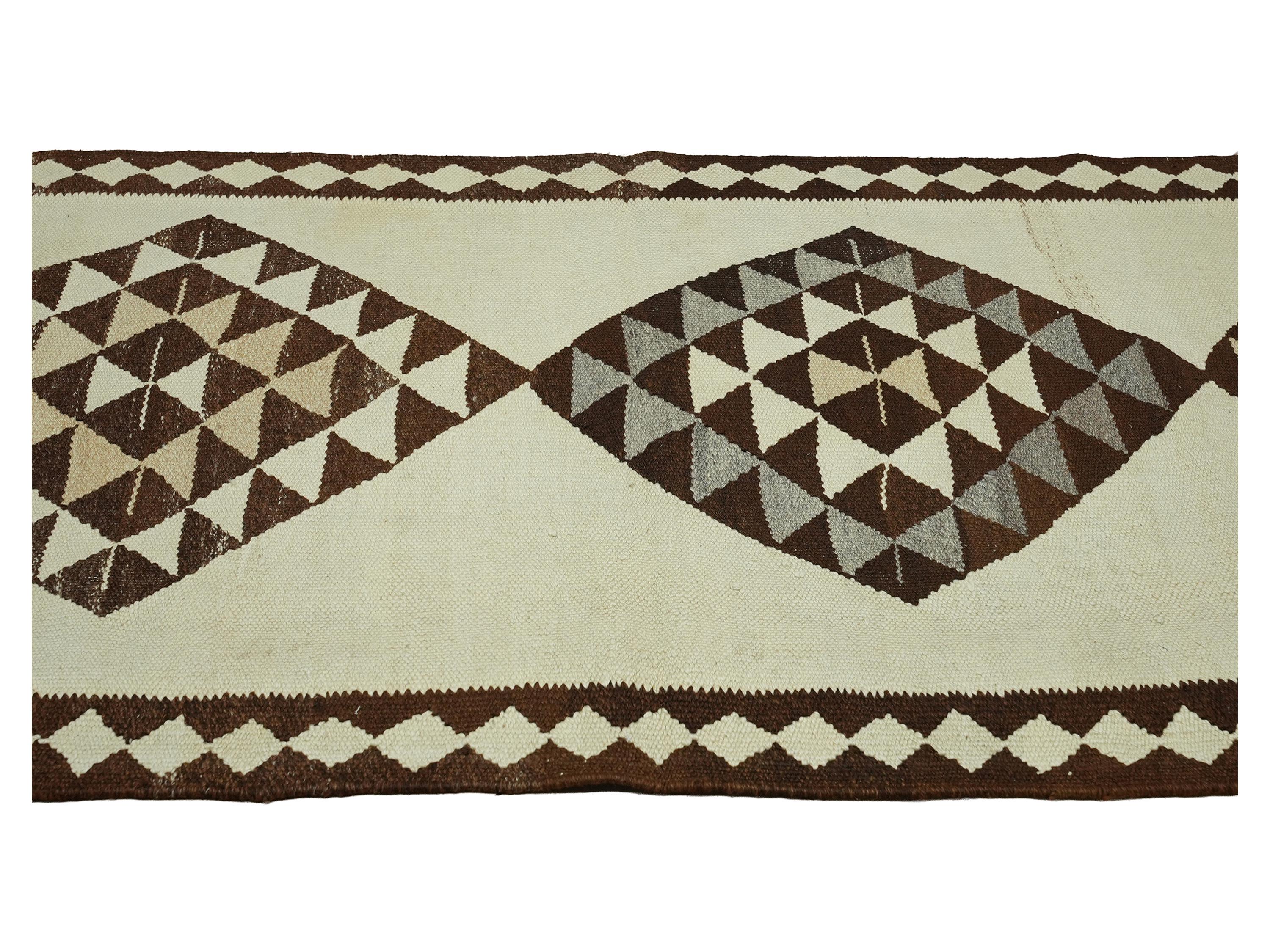 3x11 Handmade Turkish Wool Runner Rug - Brown Ivory Vintage Kilim Hallway Rug