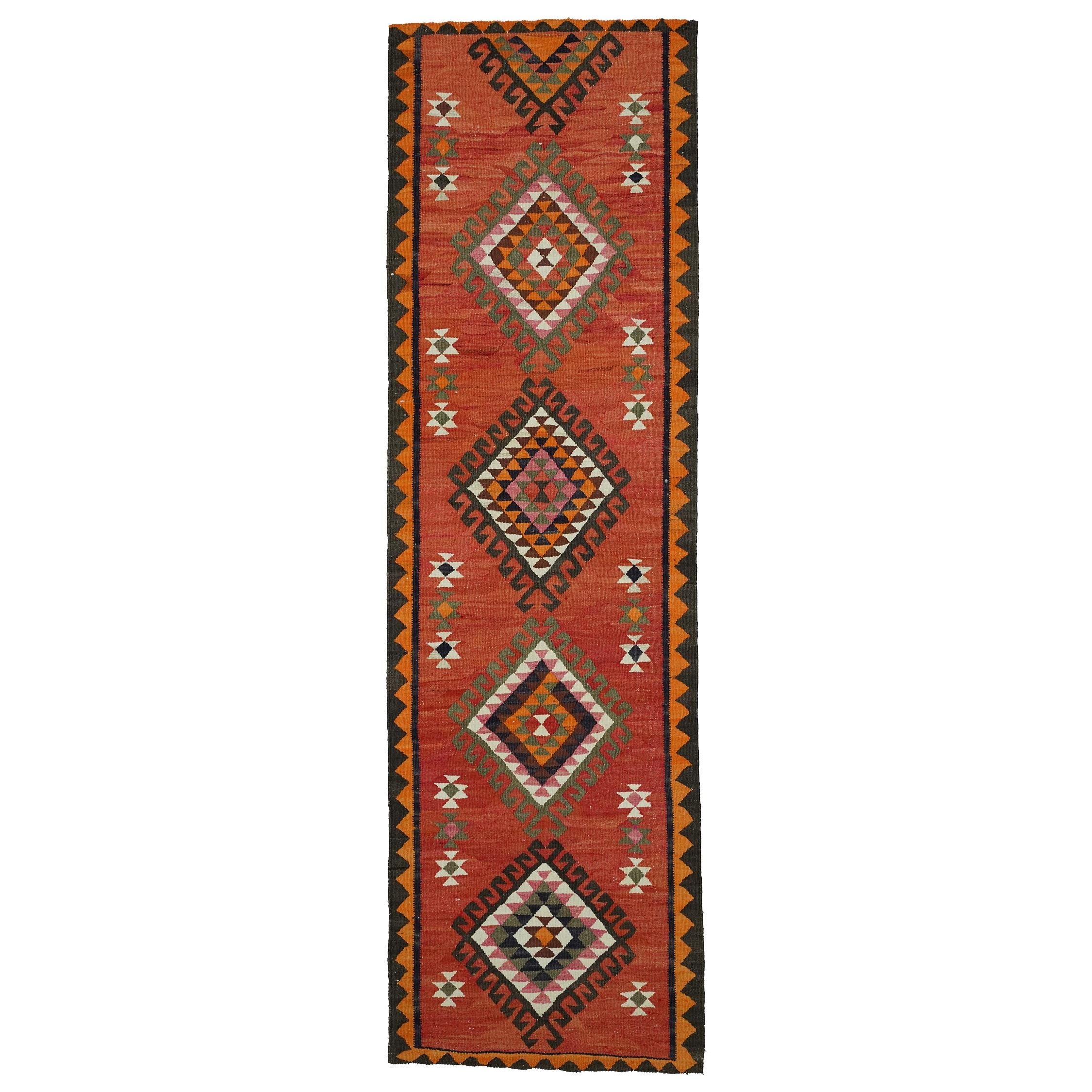 3x10 Rust Red Vintage Turkish Kilim Runner Rug - Handwoven Wool Geometric Tribal Hallway Rug