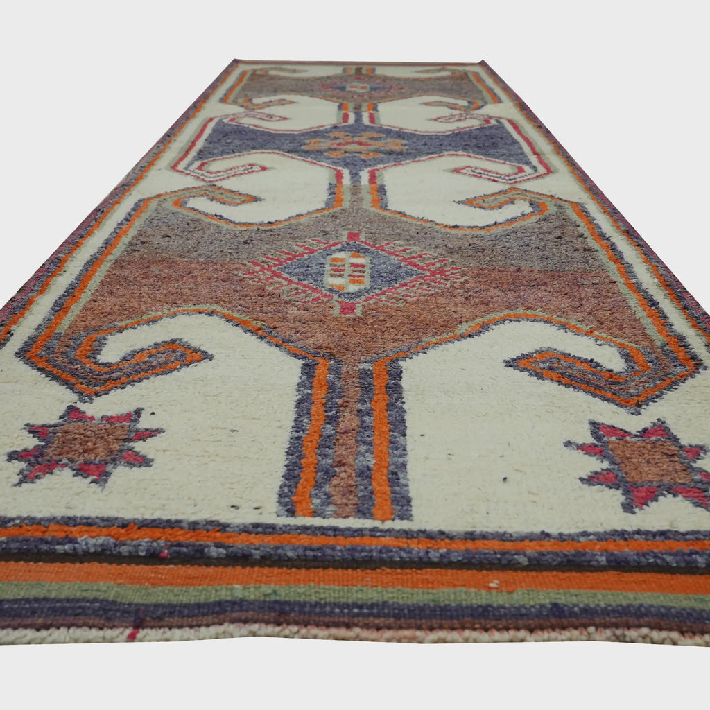 3x11 Handmade Turkish Wool Runner Rug - Cream Blue Orange Vintage Hallway Rug