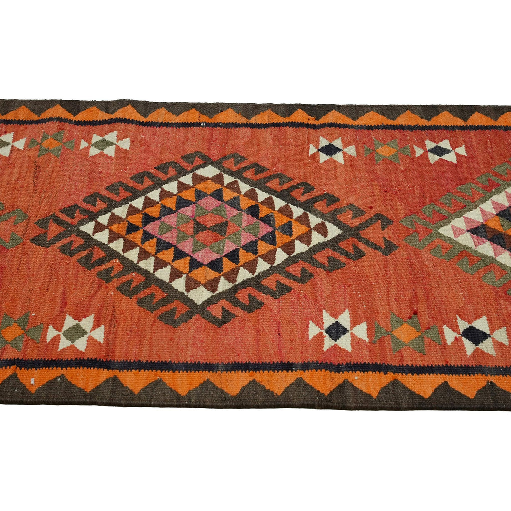 3x10 Rust Red Vintage Turkish Kilim Runner Rug - Handwoven Wool Geometric Tribal Hallway Rug